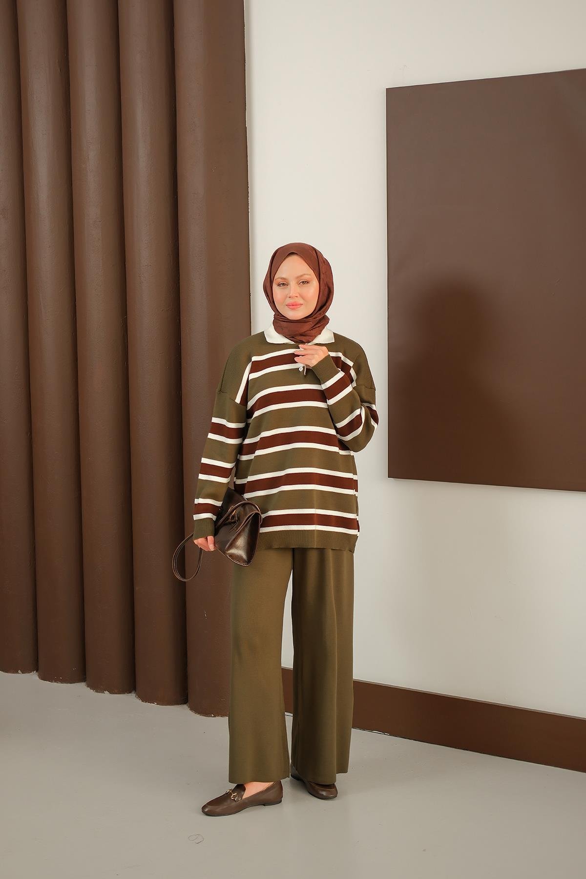 Çizgi Düğme Detay Takım Haki Yeşil