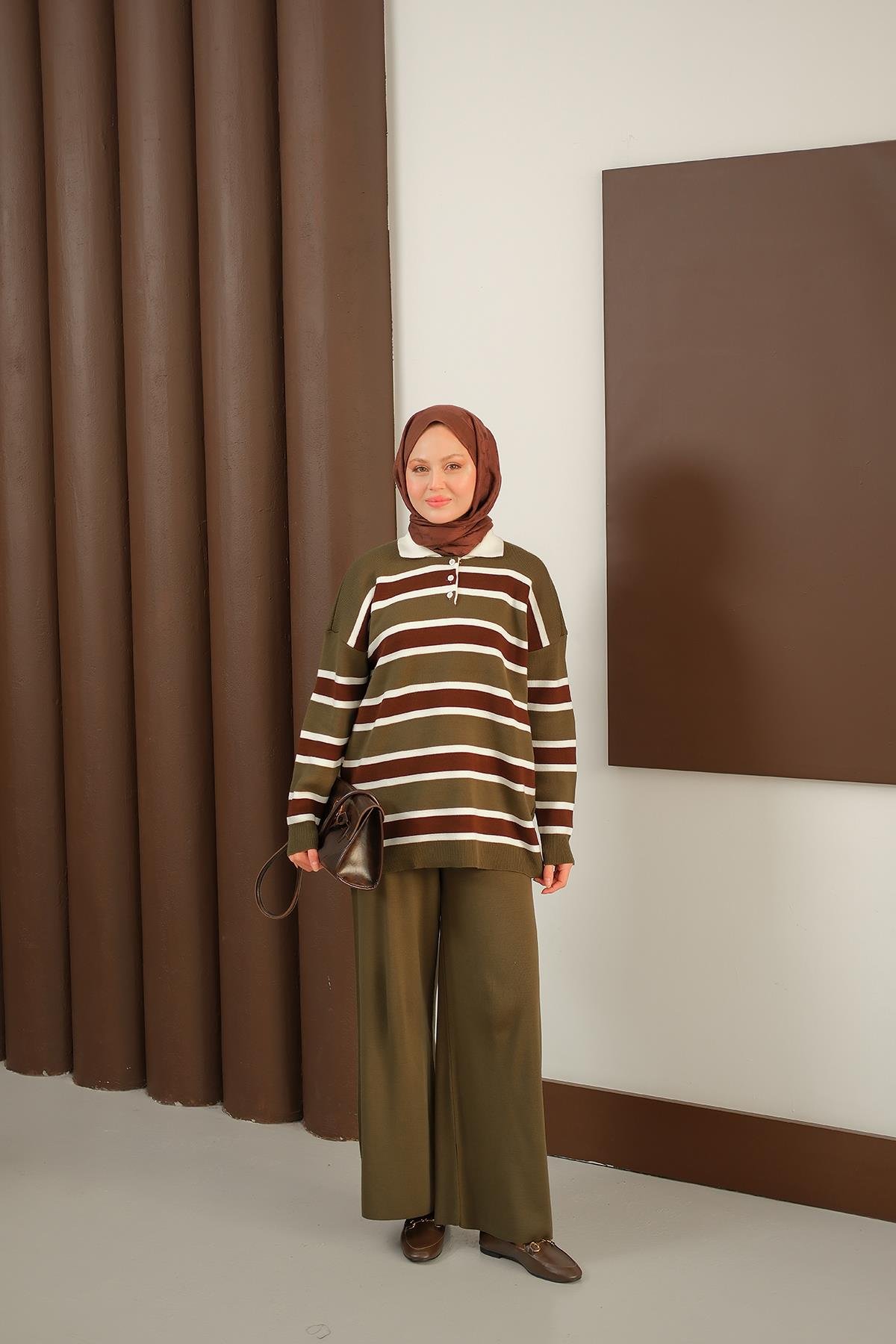 Çizgi Düğme Detay Takım Haki Yeşil