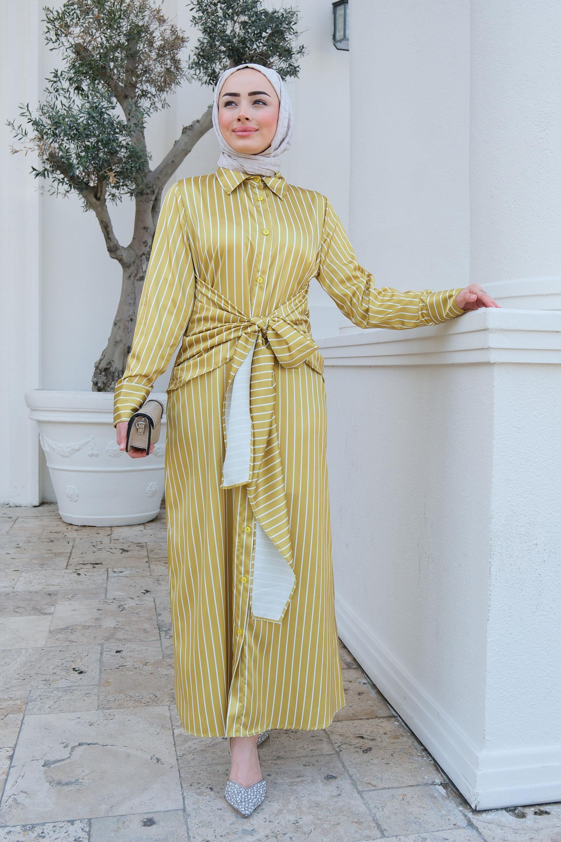 Çizgili Bel Bağlamalı Elbise Yağ Yeşil