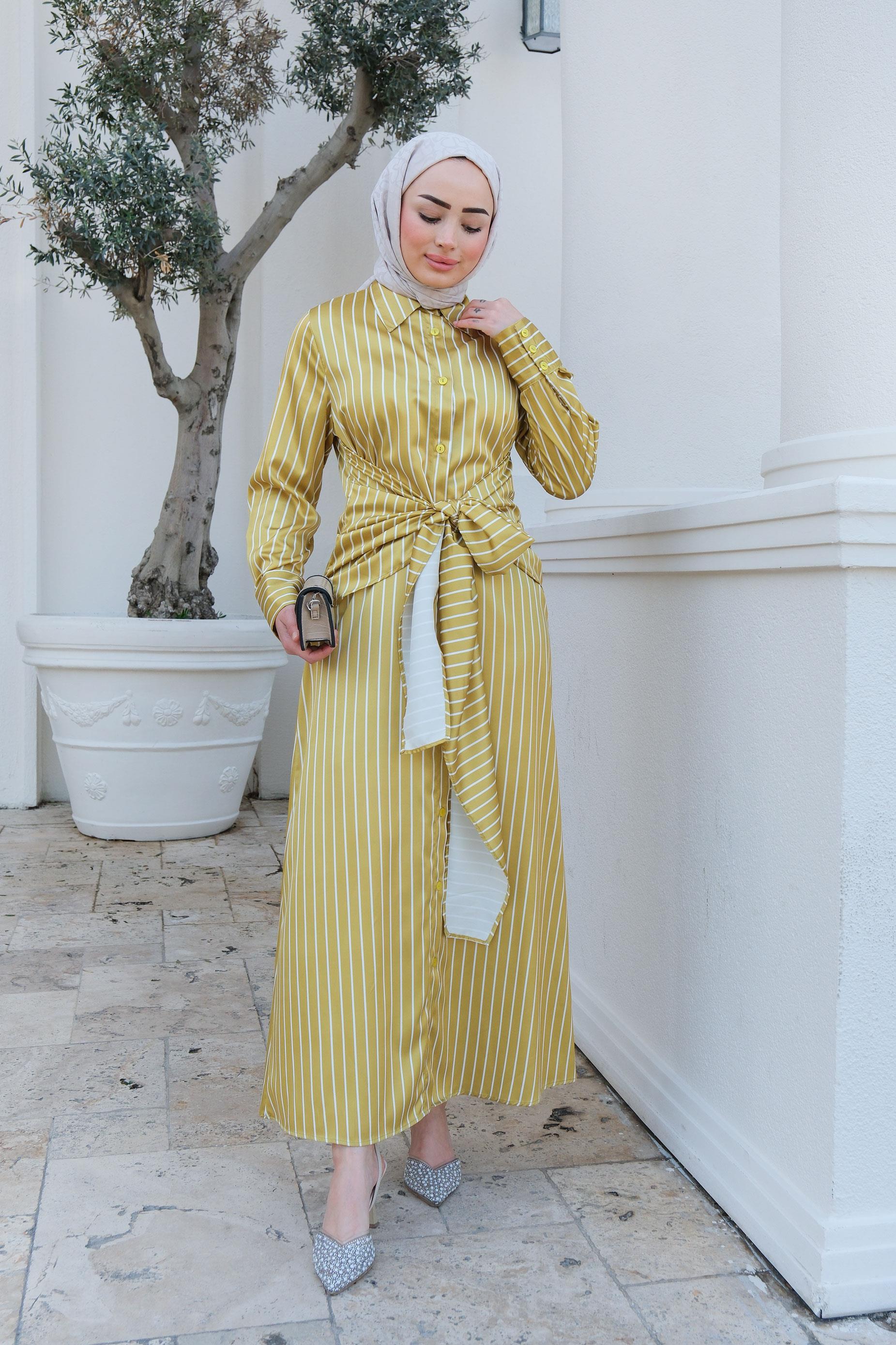 Çizgili Bel Bağlamalı Elbise Yağ Yeşil