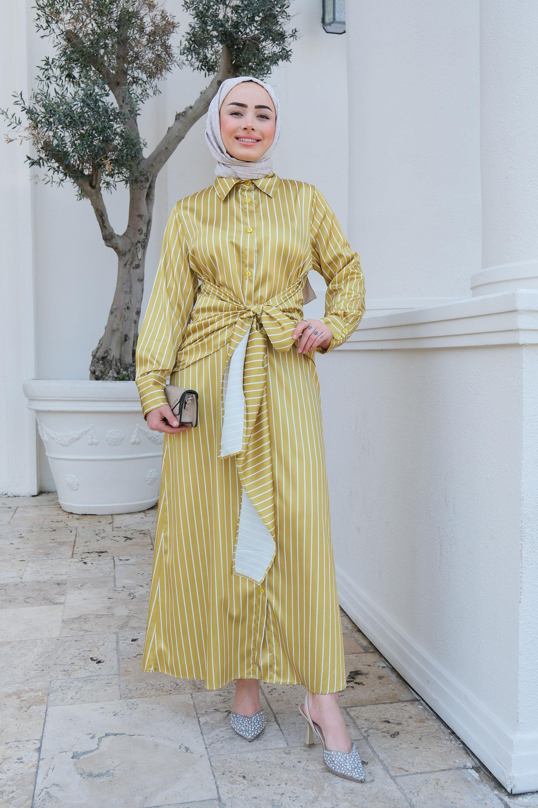 Çizgili Bel Bağlamalı Elbise Yağ Yeşil