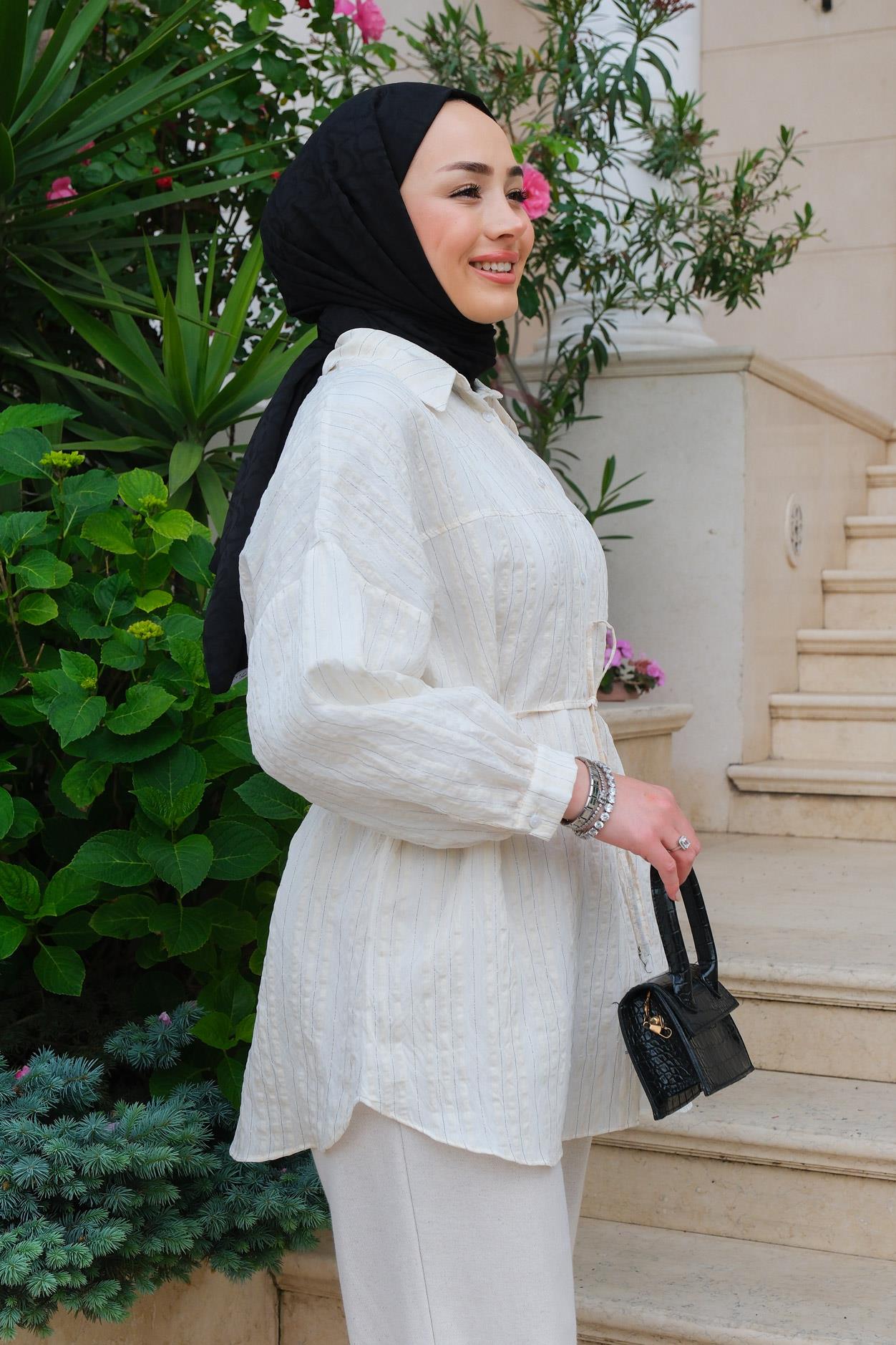 Çizgili Bel Bağlamalı Gömlek Bakır