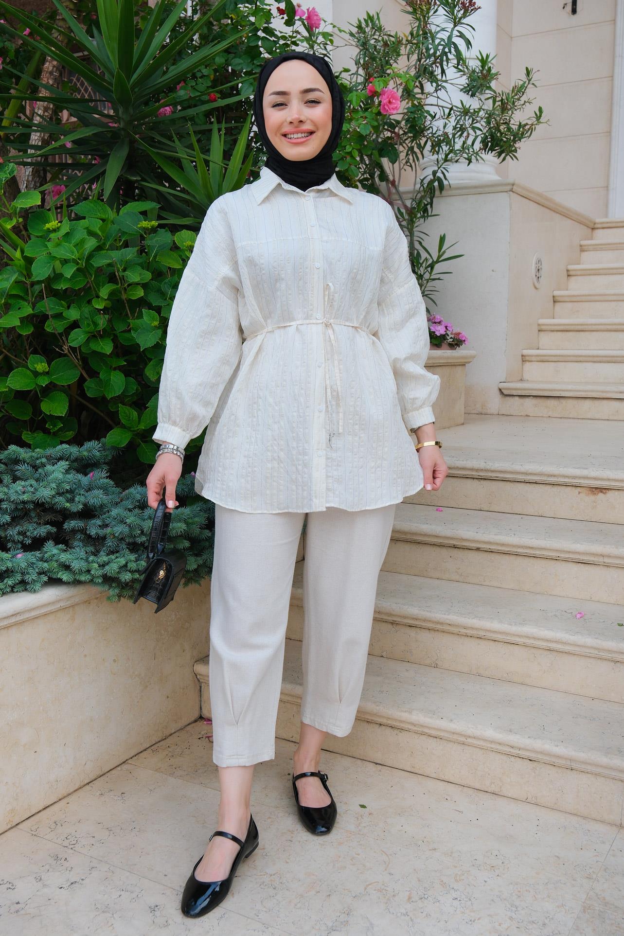 Çizgili Bel Bağlamalı Gömlek Bakır