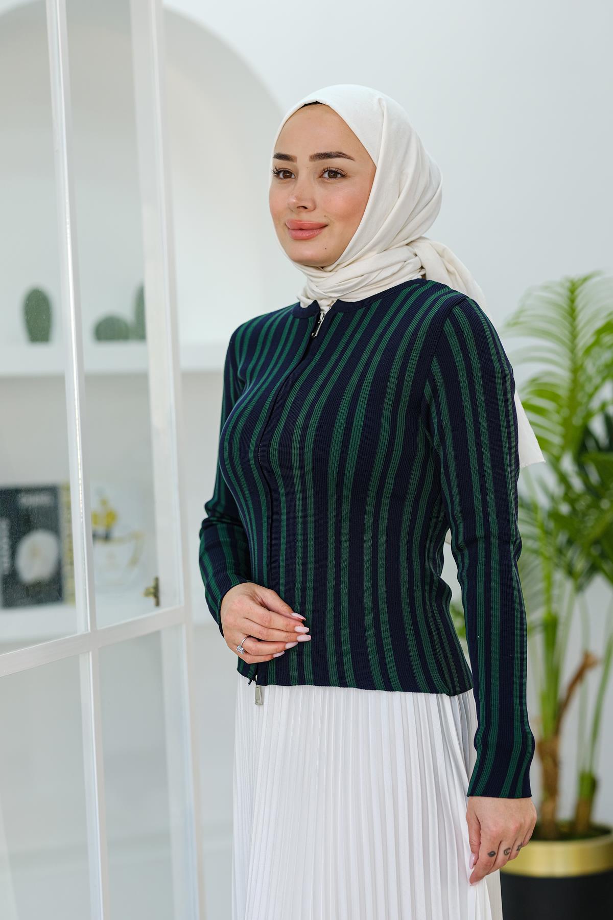 Çizgili Fermuarlı Hırka Yeşil