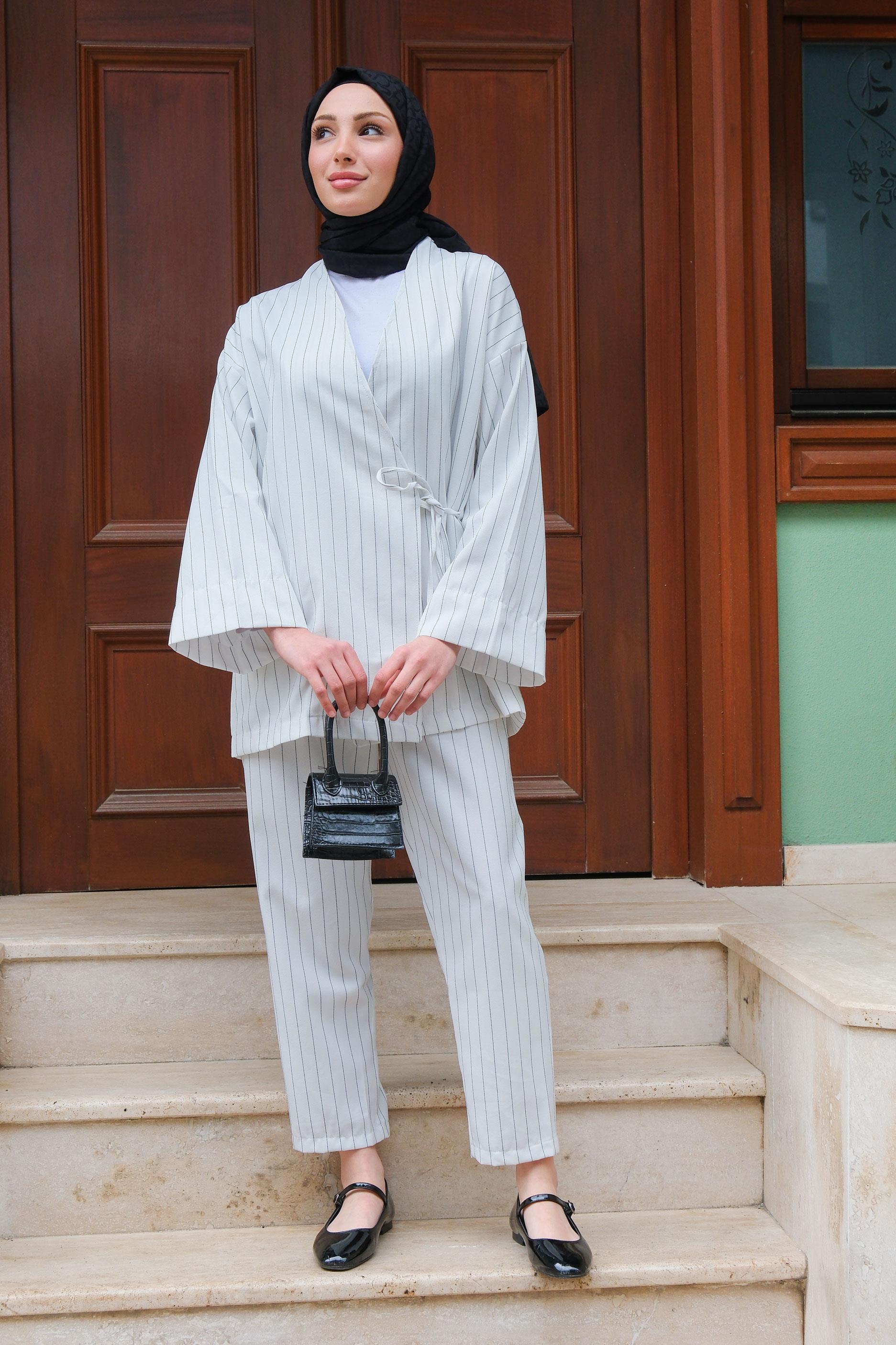 Çizgili Kimono  Beyaz