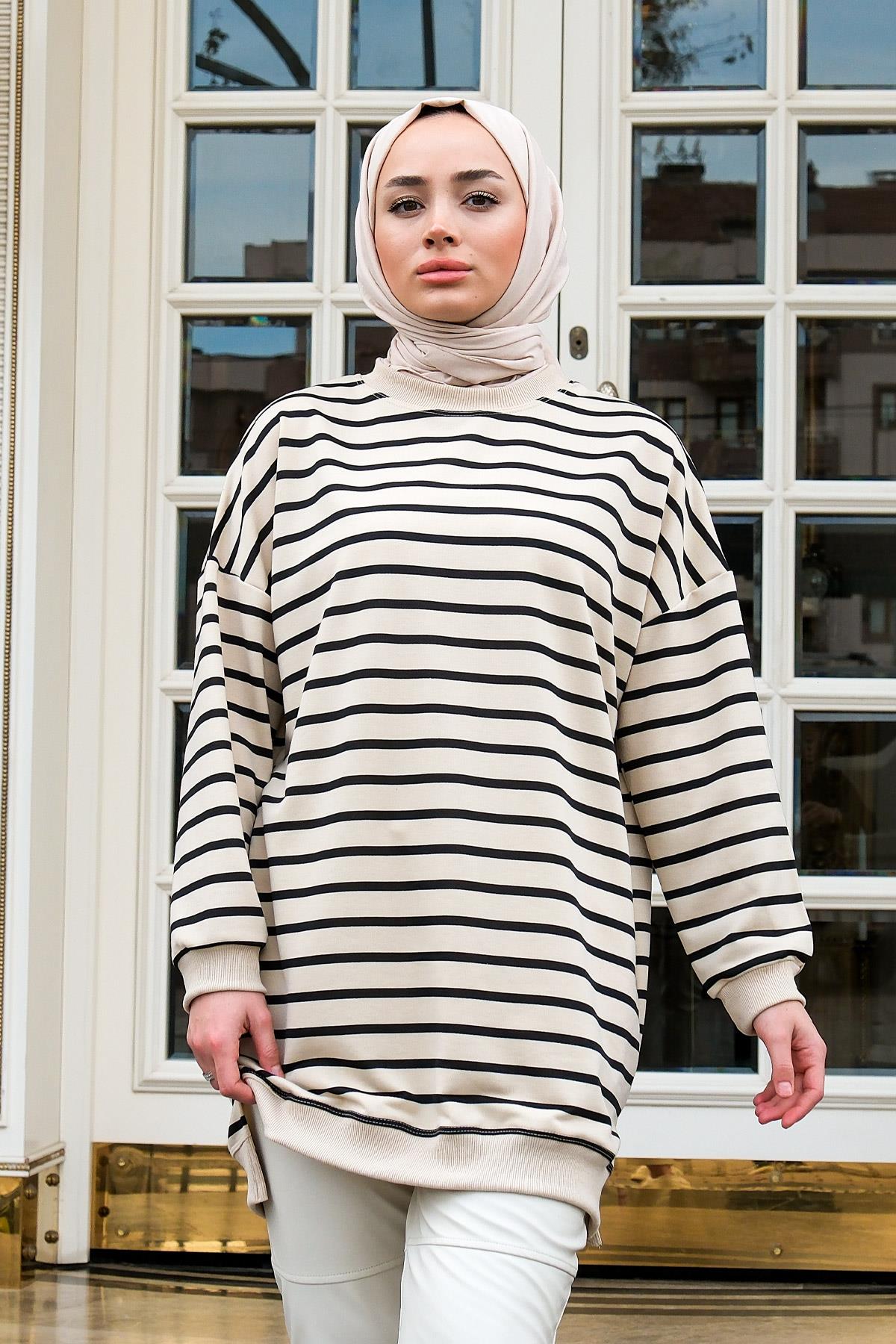 Çizgili Salaş Tunik  Siyah
