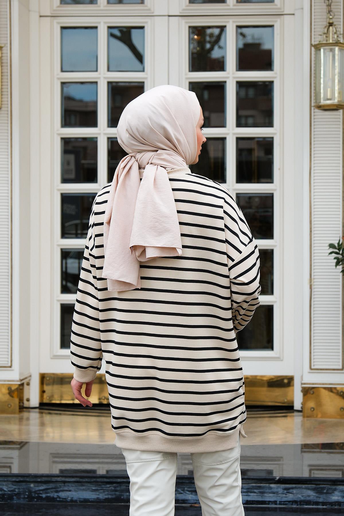Çizgili Salaş Tunik  Siyah
