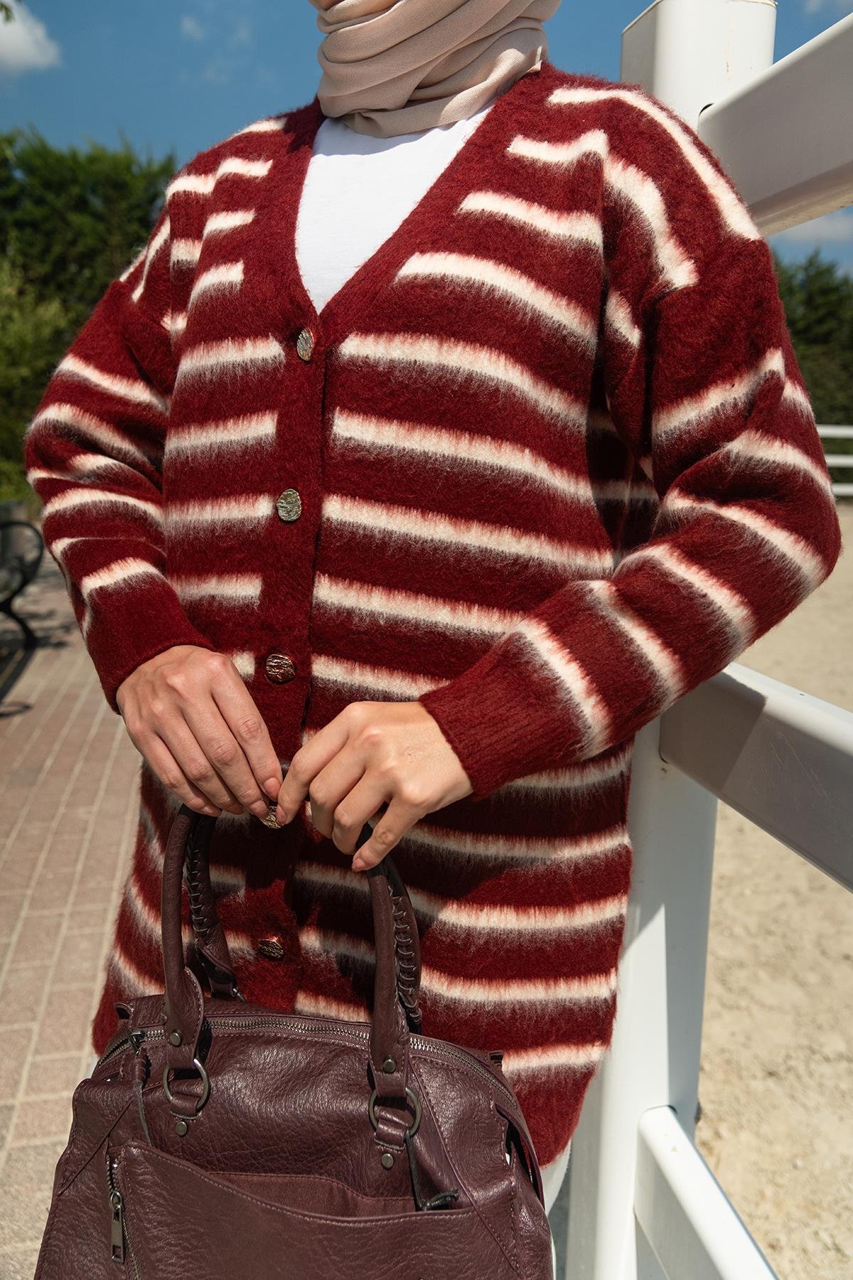 Çizgili Uzun Triko Ceket Bordo