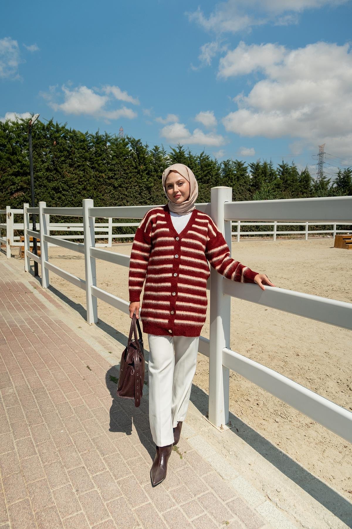 Çizgili Uzun Triko Ceket Bordo