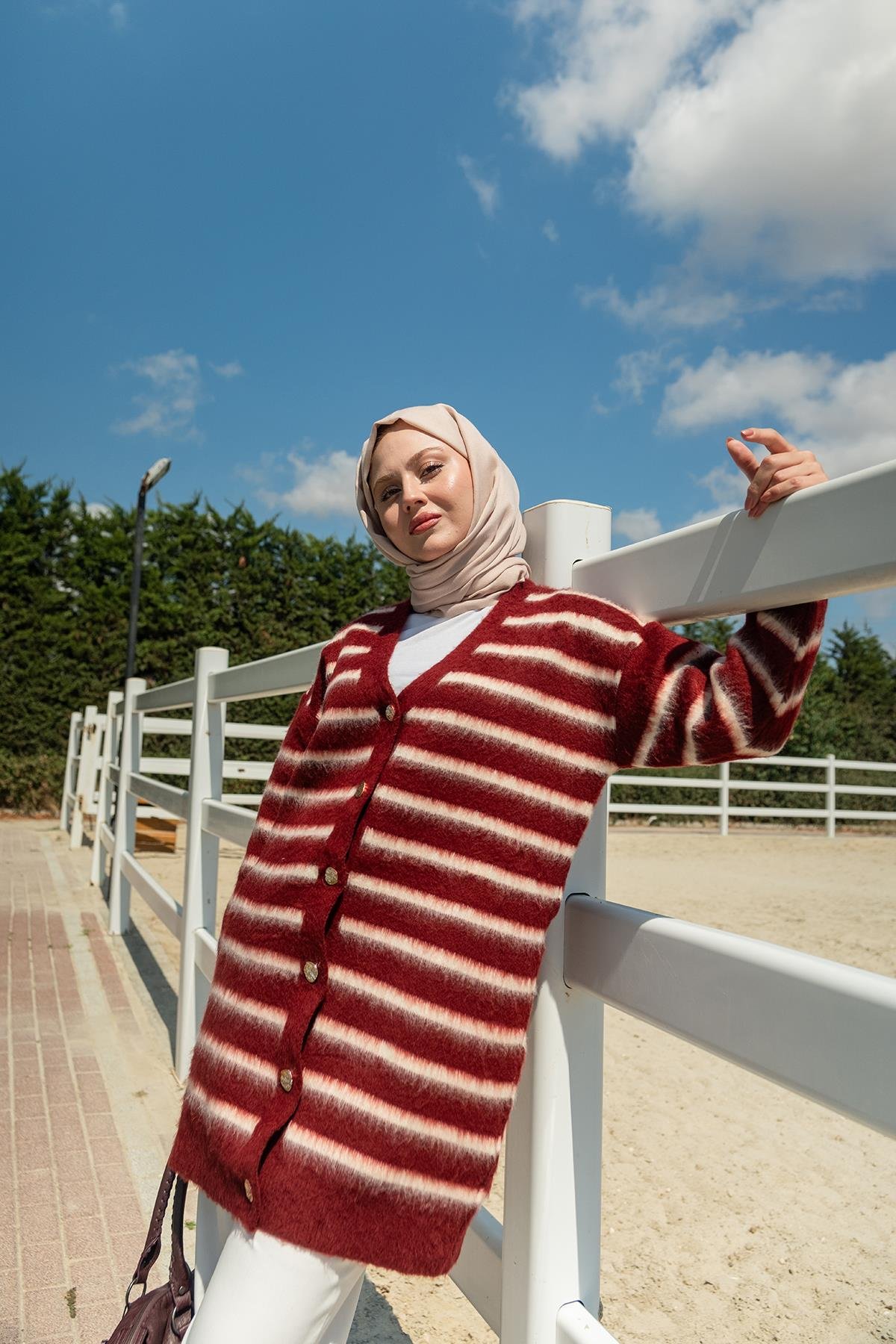 Çizgili Uzun Triko Ceket Bordo