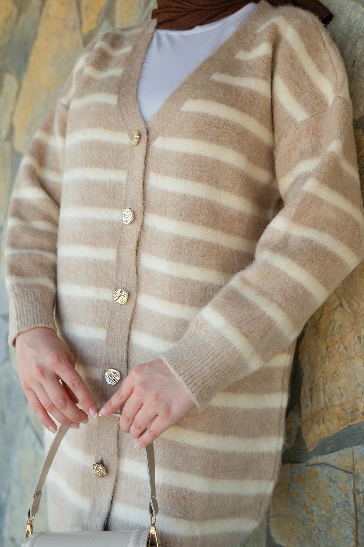 Çizgili Uzun Triko Ceket Vizon