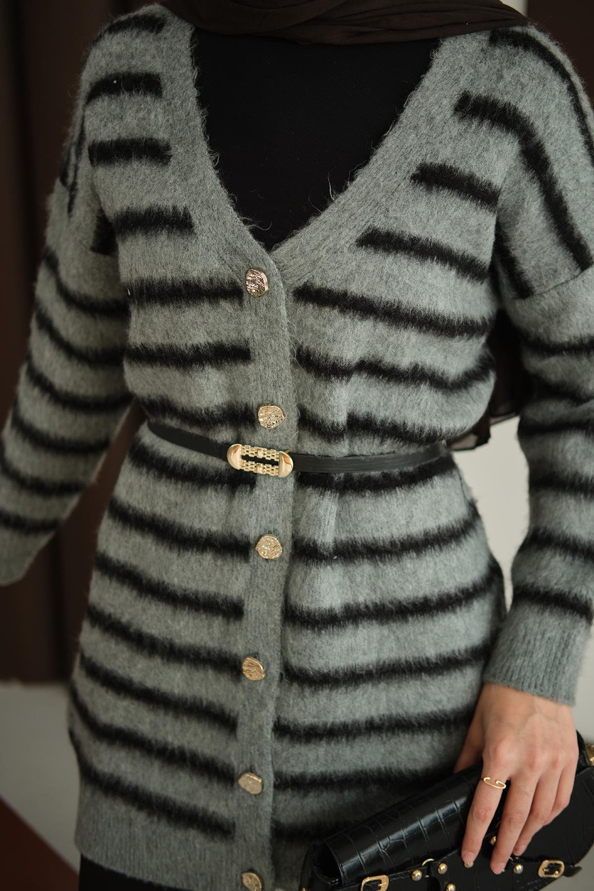 Çizgili Uzun Triko Hırka Füme