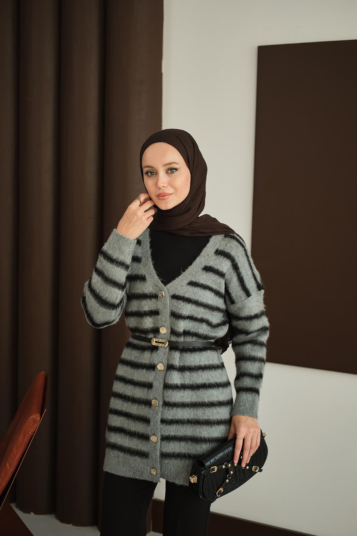 Çizgili Uzun Triko Hırka Füme