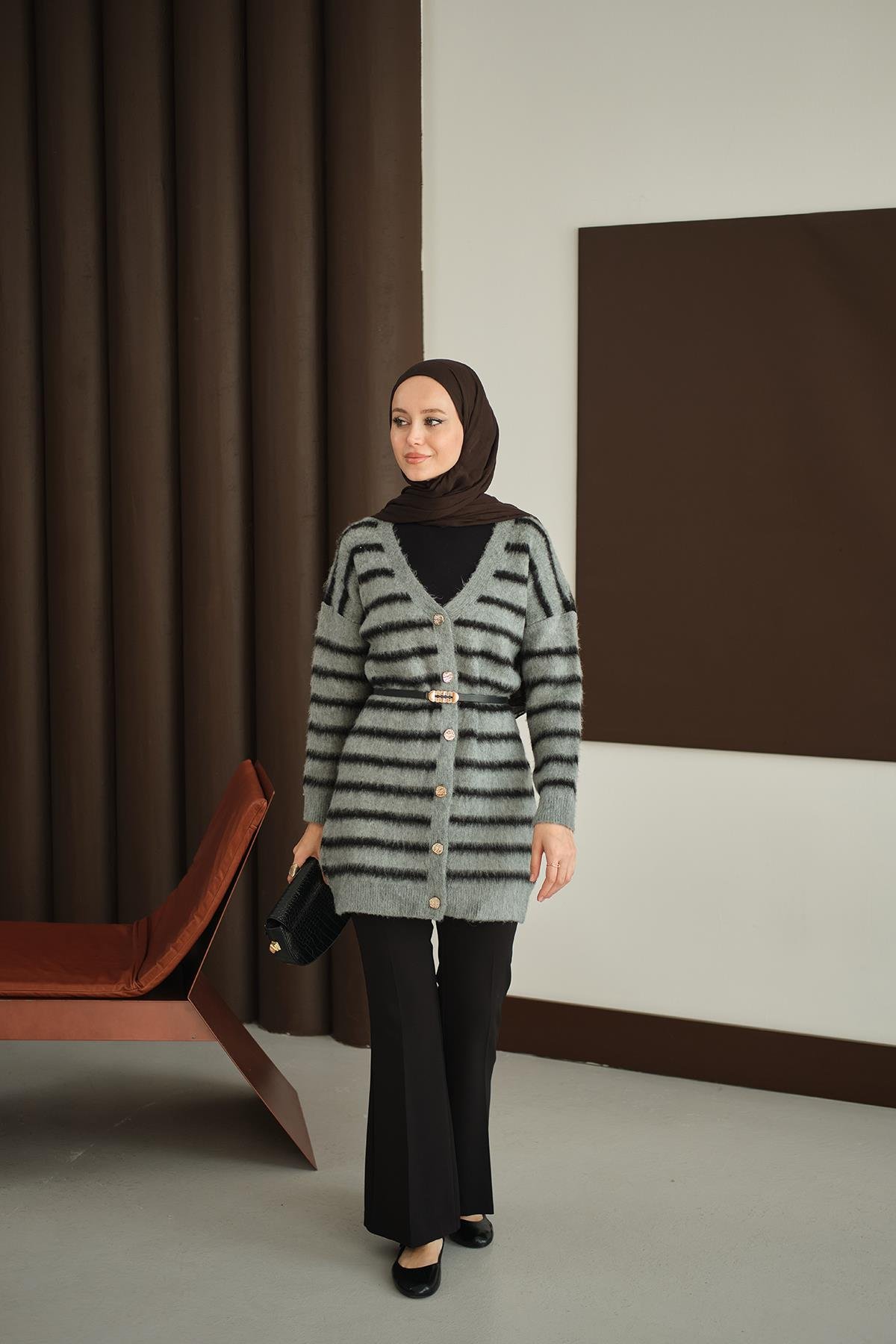 Çizgili Uzun Triko Hırka Füme