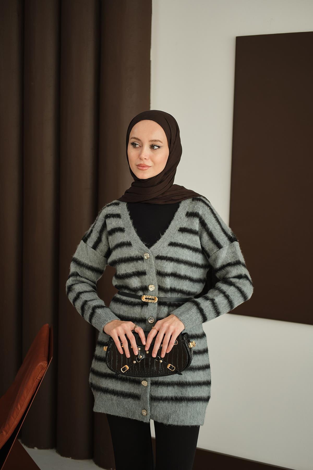 Çizgili Uzun Triko Hırka Füme