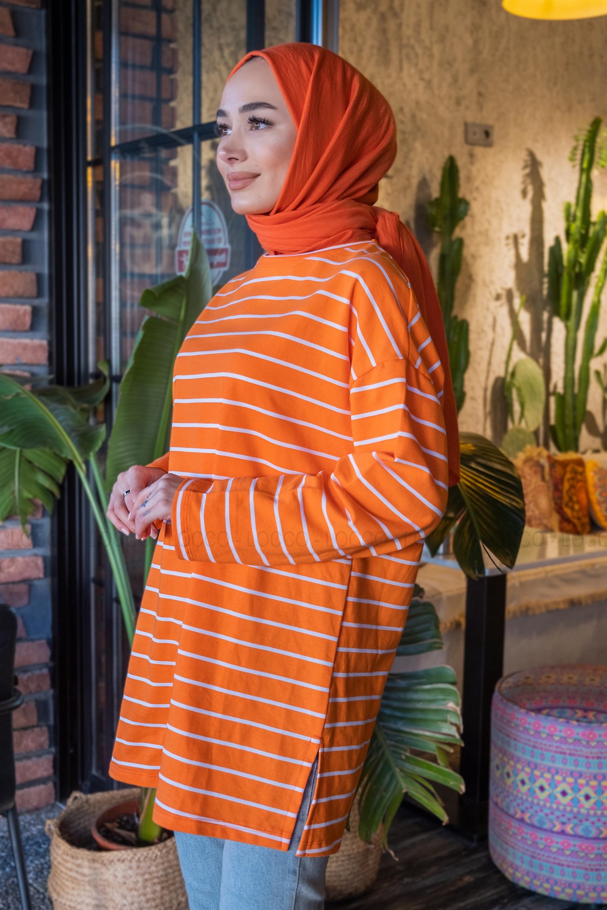 Uygun Fiyatlı CIZGILI YAN YIRTMACLI TUNIK TURUNCU | Loccomoda.com 