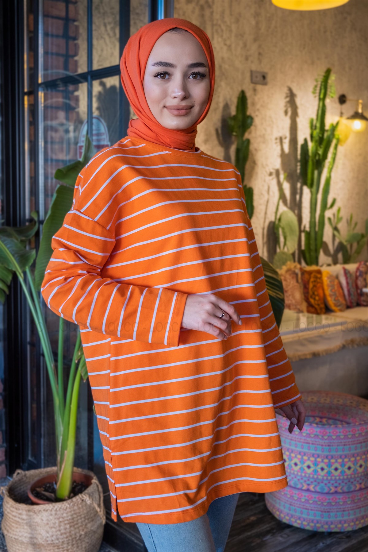 Uygun Fiyatlı CIZGILI YAN YIRTMACLI TUNIK TURUNCU | Loccomoda.com 