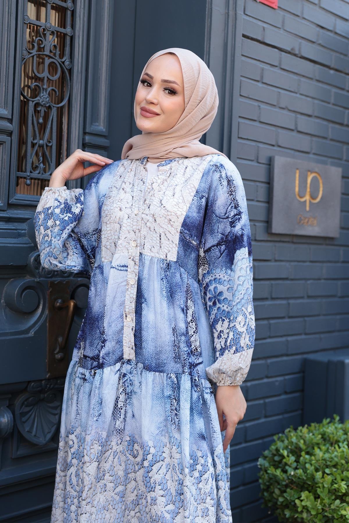 Dantel Desen Elbise Mavi
