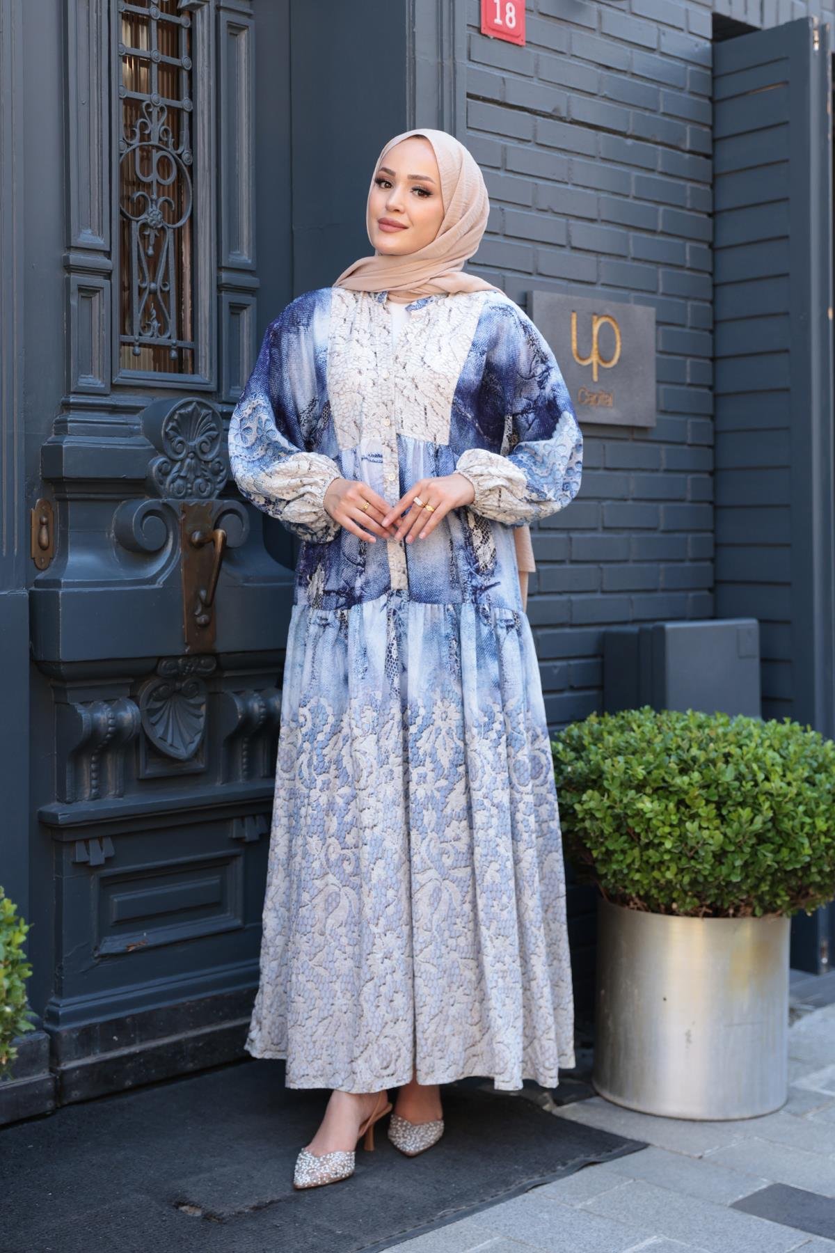 Dantel Desen Elbise Mavi