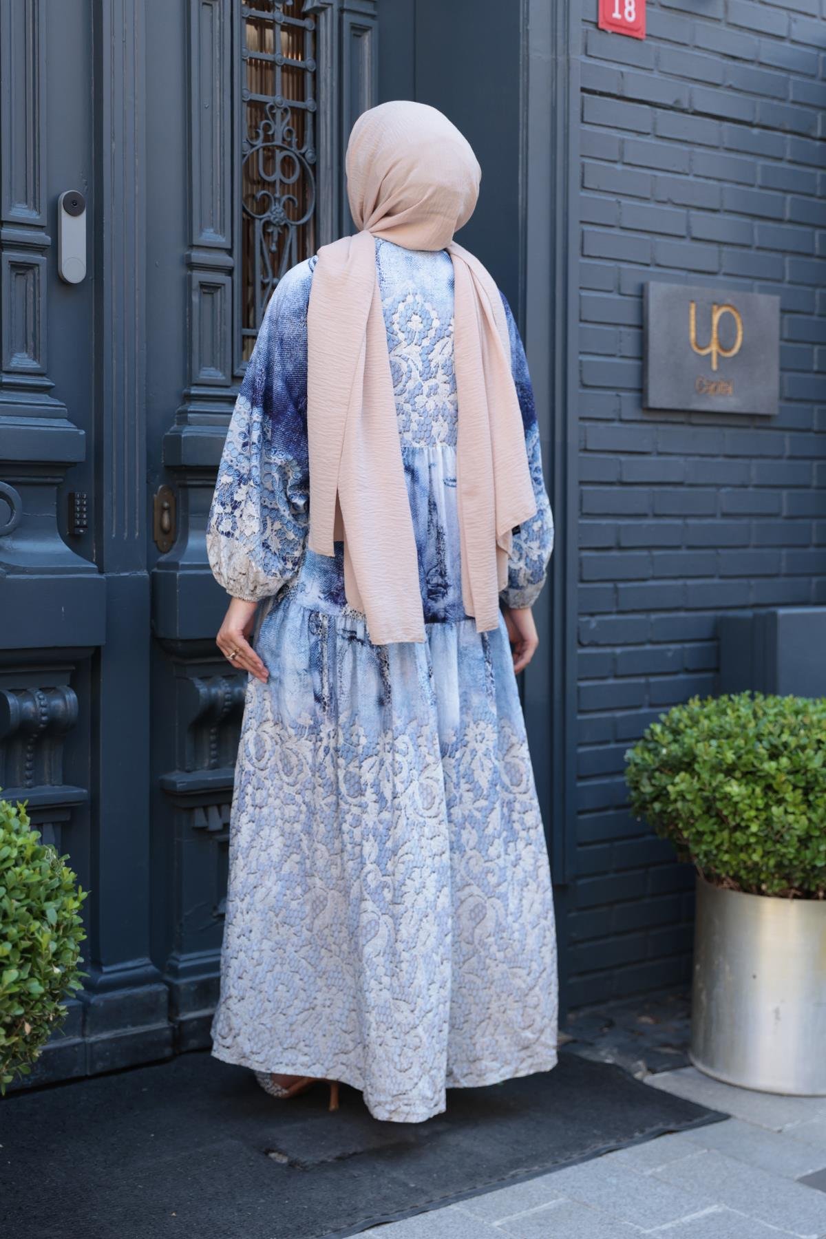 Dantel Desen Elbise Mavi