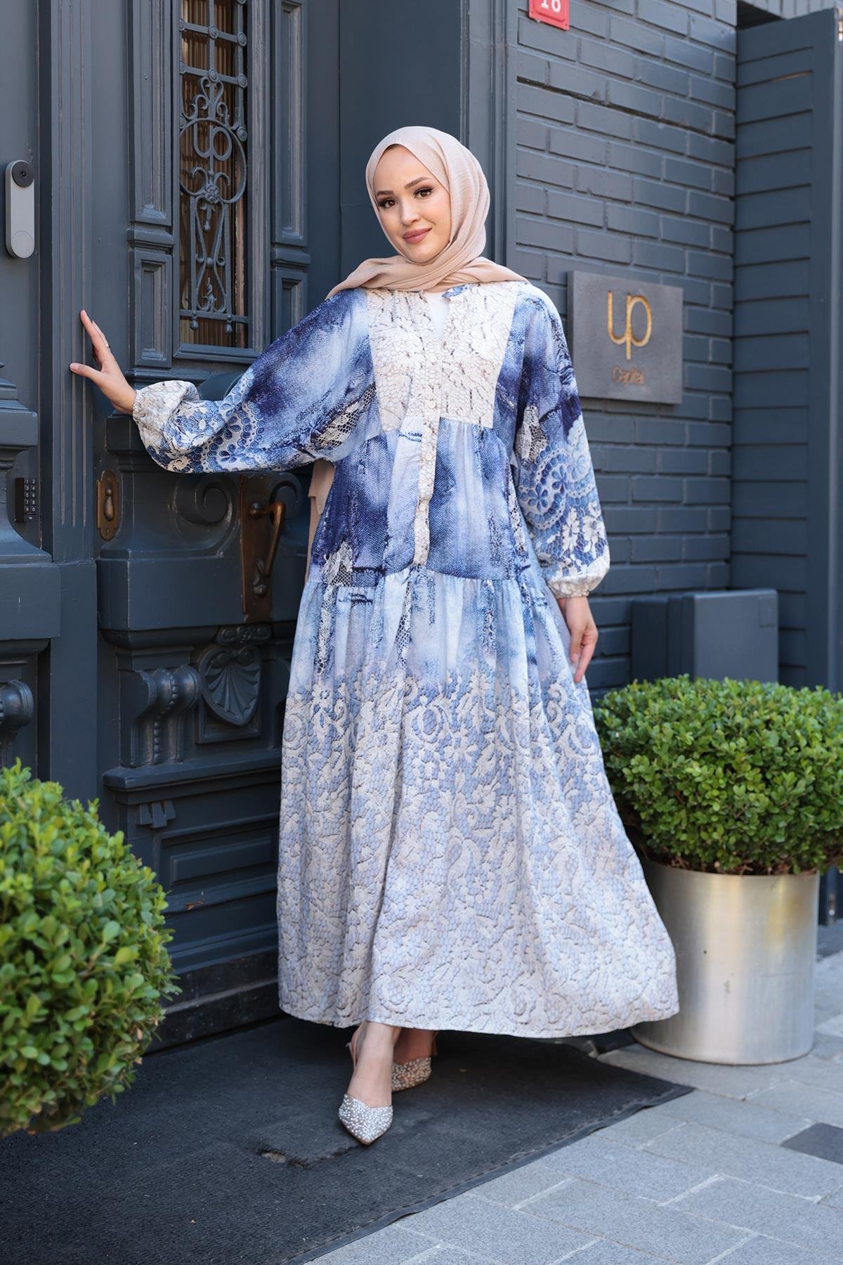 Dantel Desen Elbise Mavi