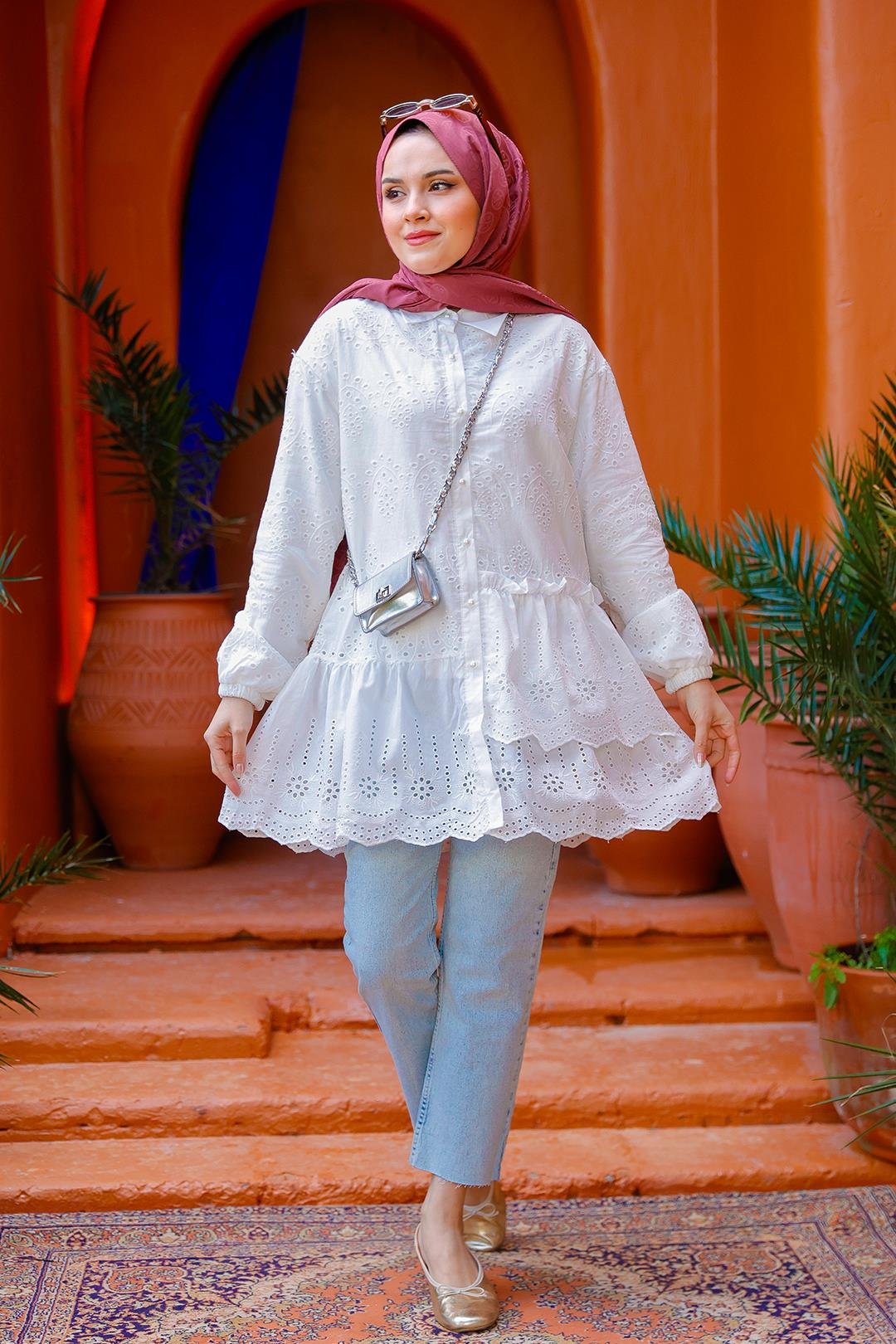 Dantel Detay Gömlek BEYAZ