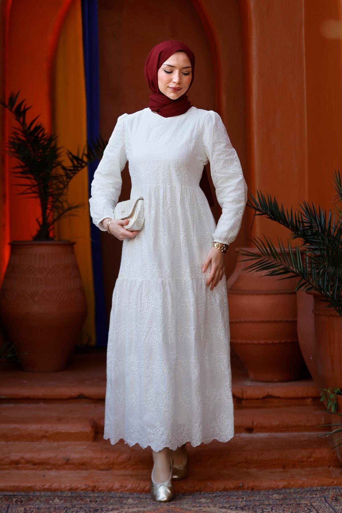 DANTEL DETAYLI ELBISE BEYAZ