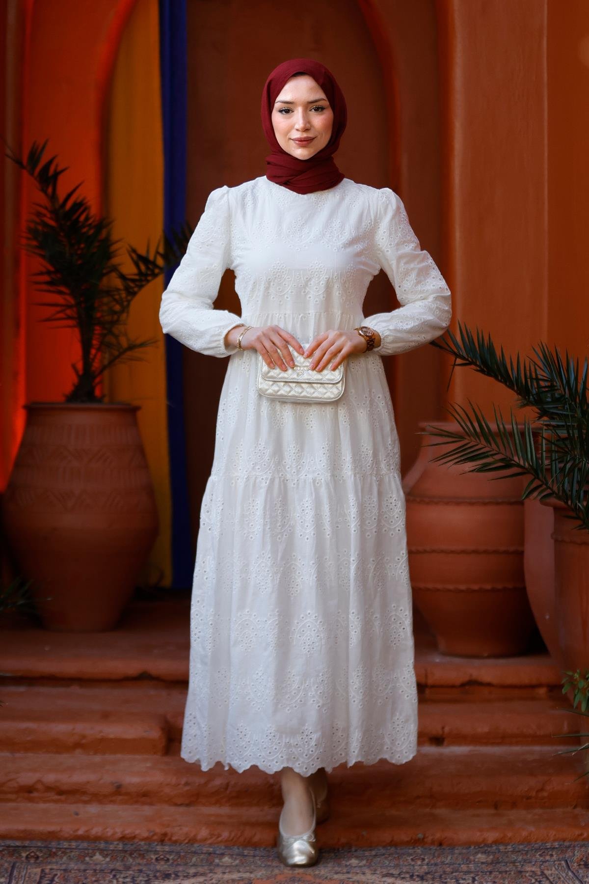 DANTEL DETAYLI ELBISE BEYAZ