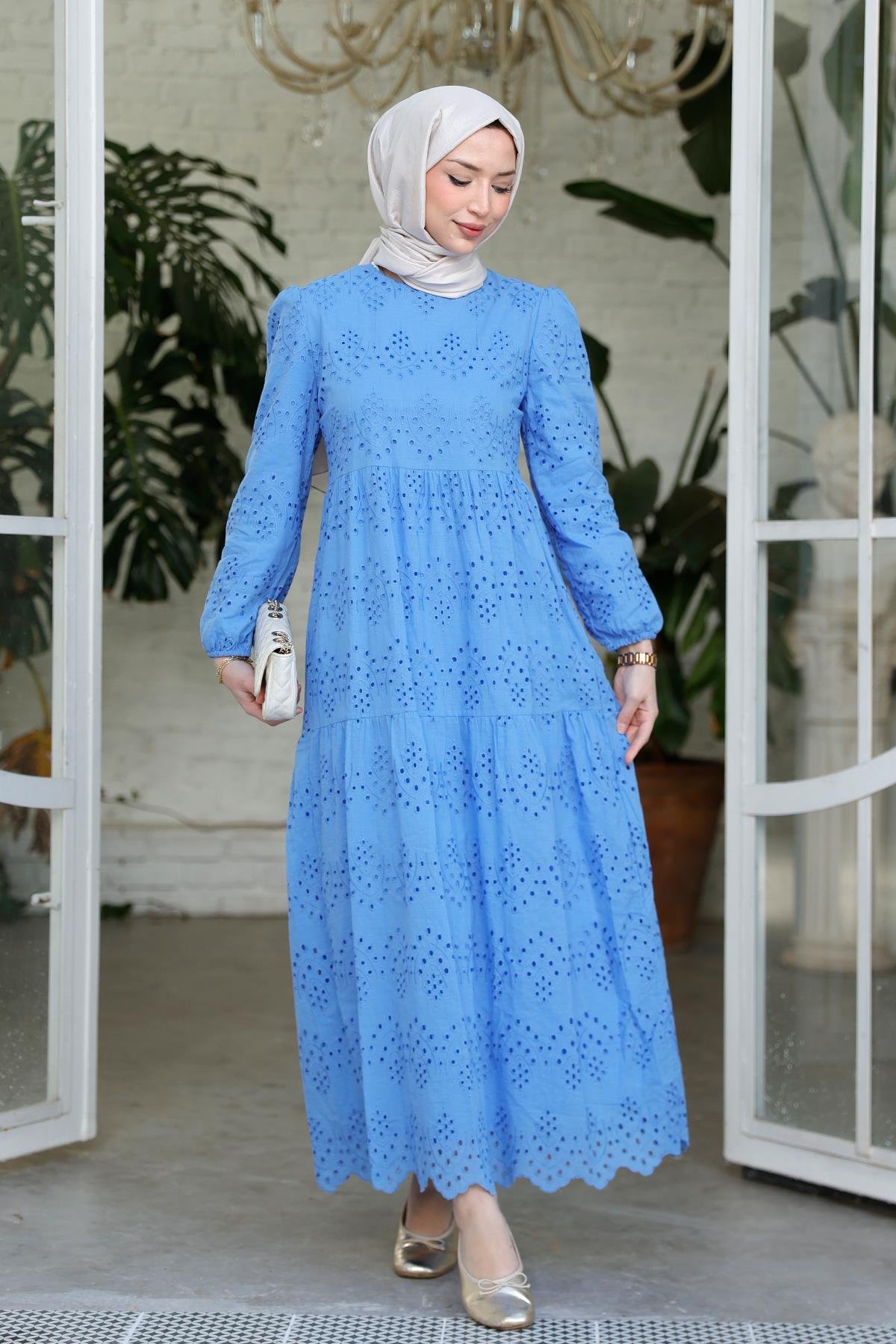 DANTEL DETAYLI ELBISE MAVI