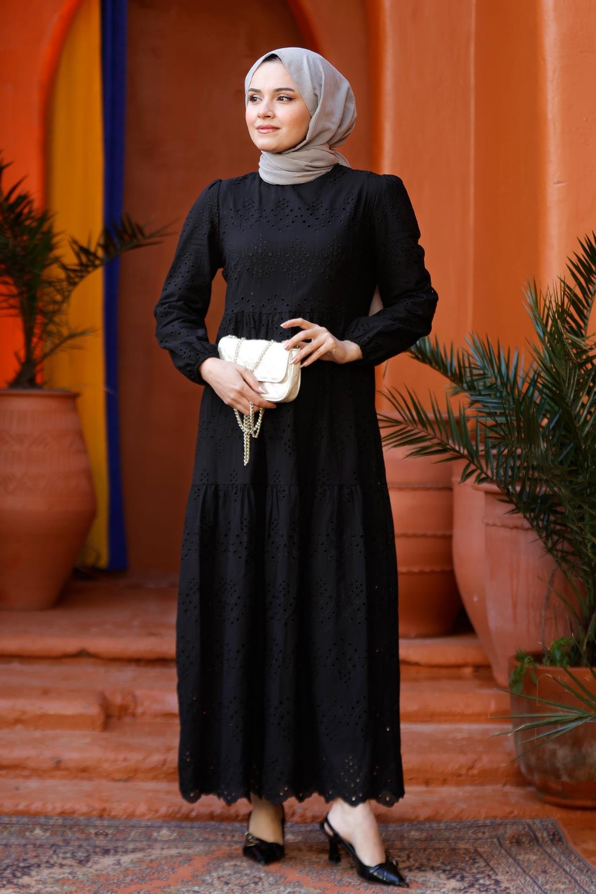 DANTEL DETAYLI ELBISE SIYAH