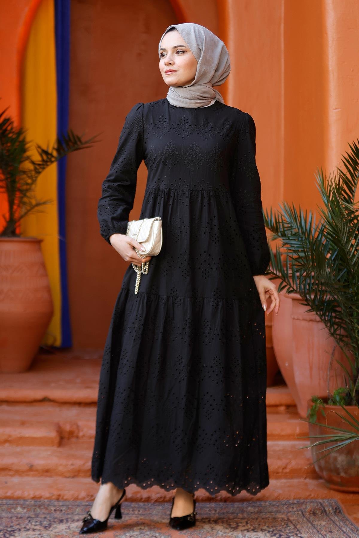 DANTEL DETAYLI ELBISE SIYAH