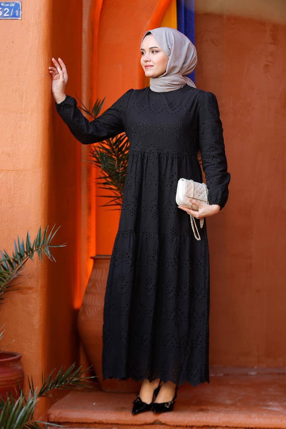 DANTEL DETAYLI ELBISE SIYAH