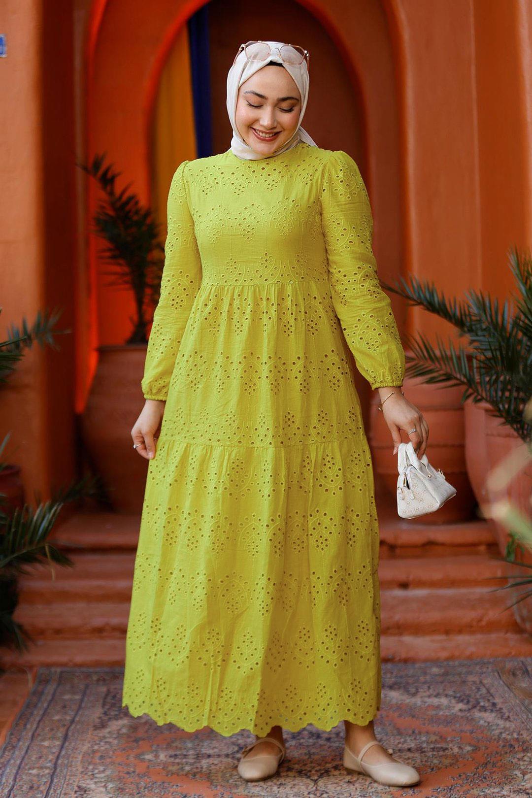 DANTEL DETAYLI ELBISE Yağ Yeşil