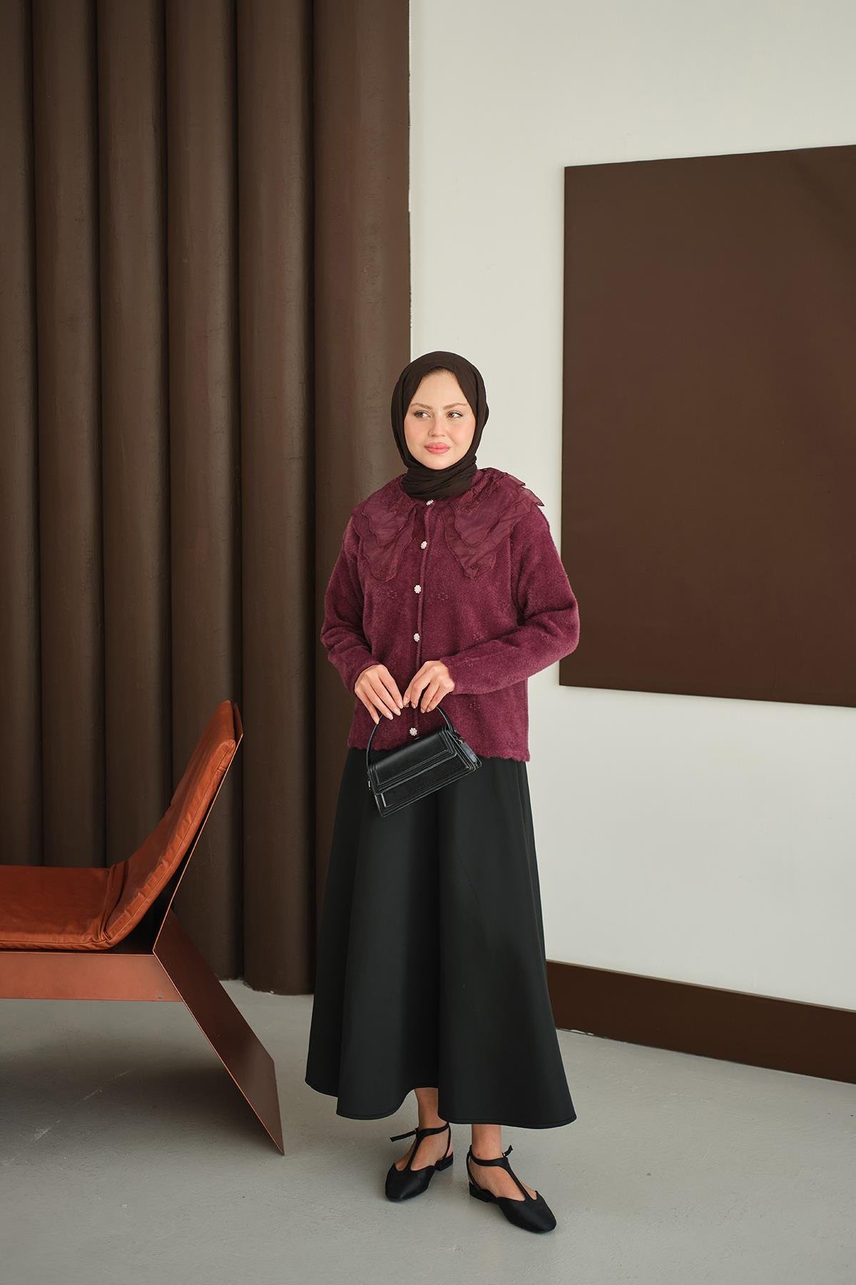 Dantel Yaka Püsküllü Hırka Bordo