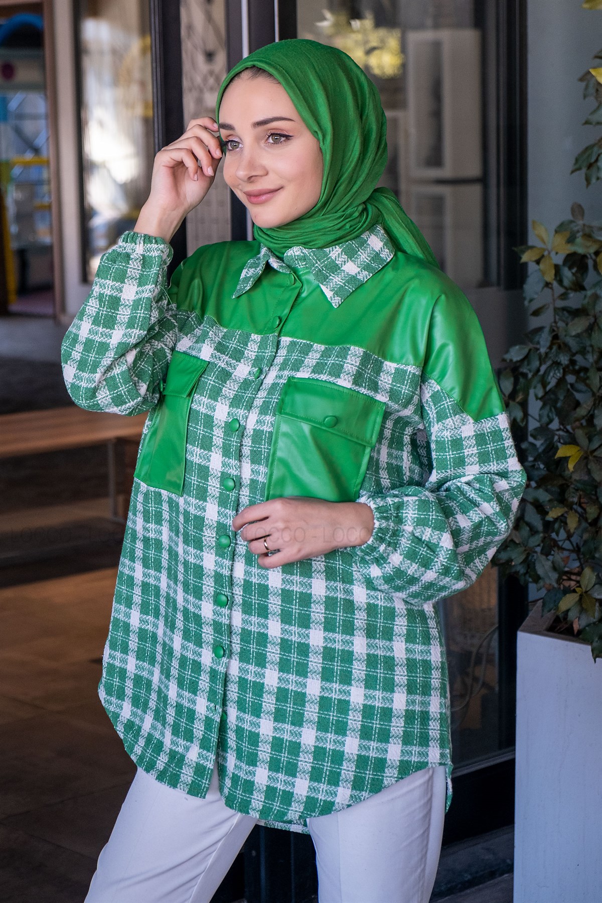 Uygun Fiyatlı DERI DETAY EKOSE GOMLEK YESIL | Loccomoda.com 