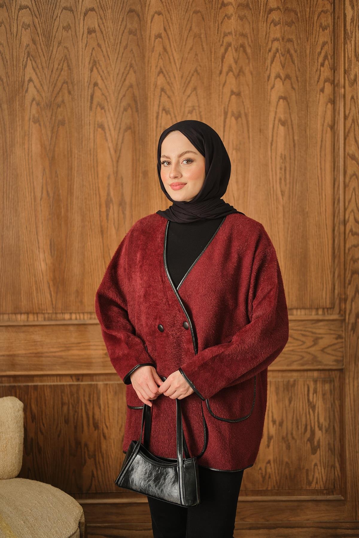 Deri Detay Peluş Hırka Bordo