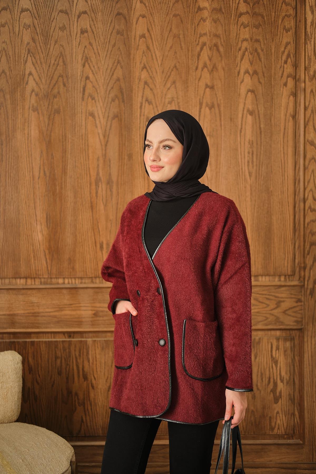 Deri Detay Peluş Hırka Bordo