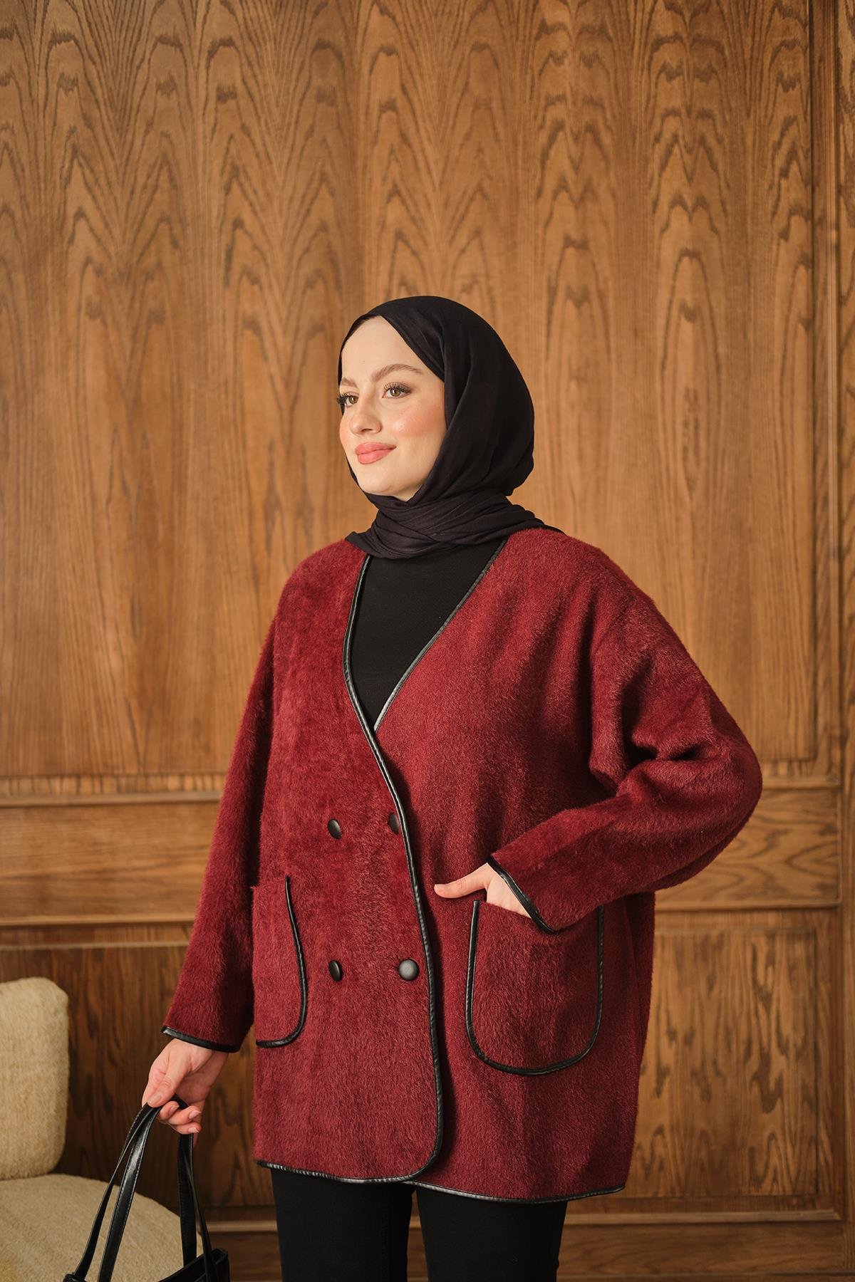 Deri Detay Peluş Hırka Bordo