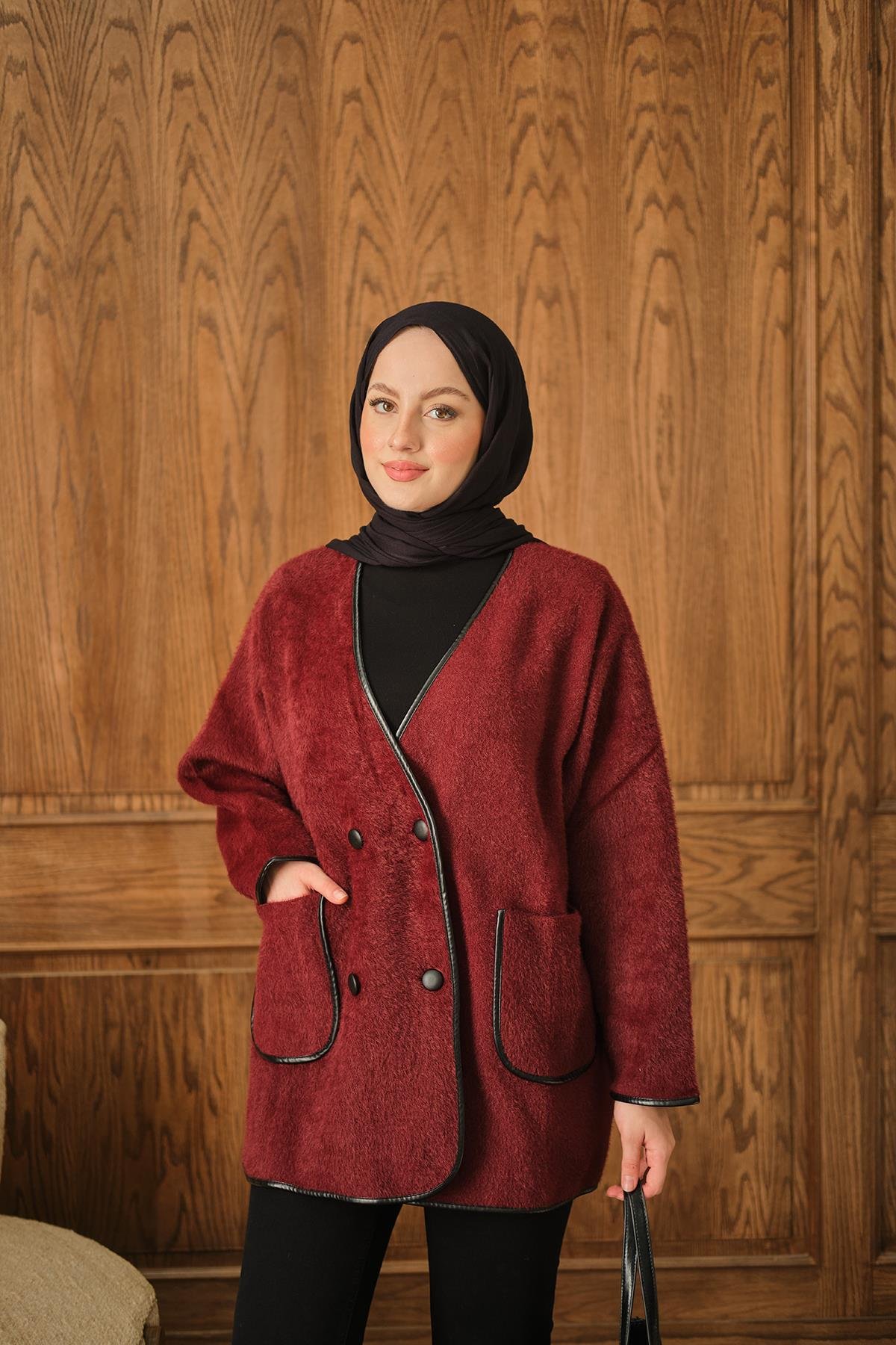 Deri Detay Peluş Hırka Bordo