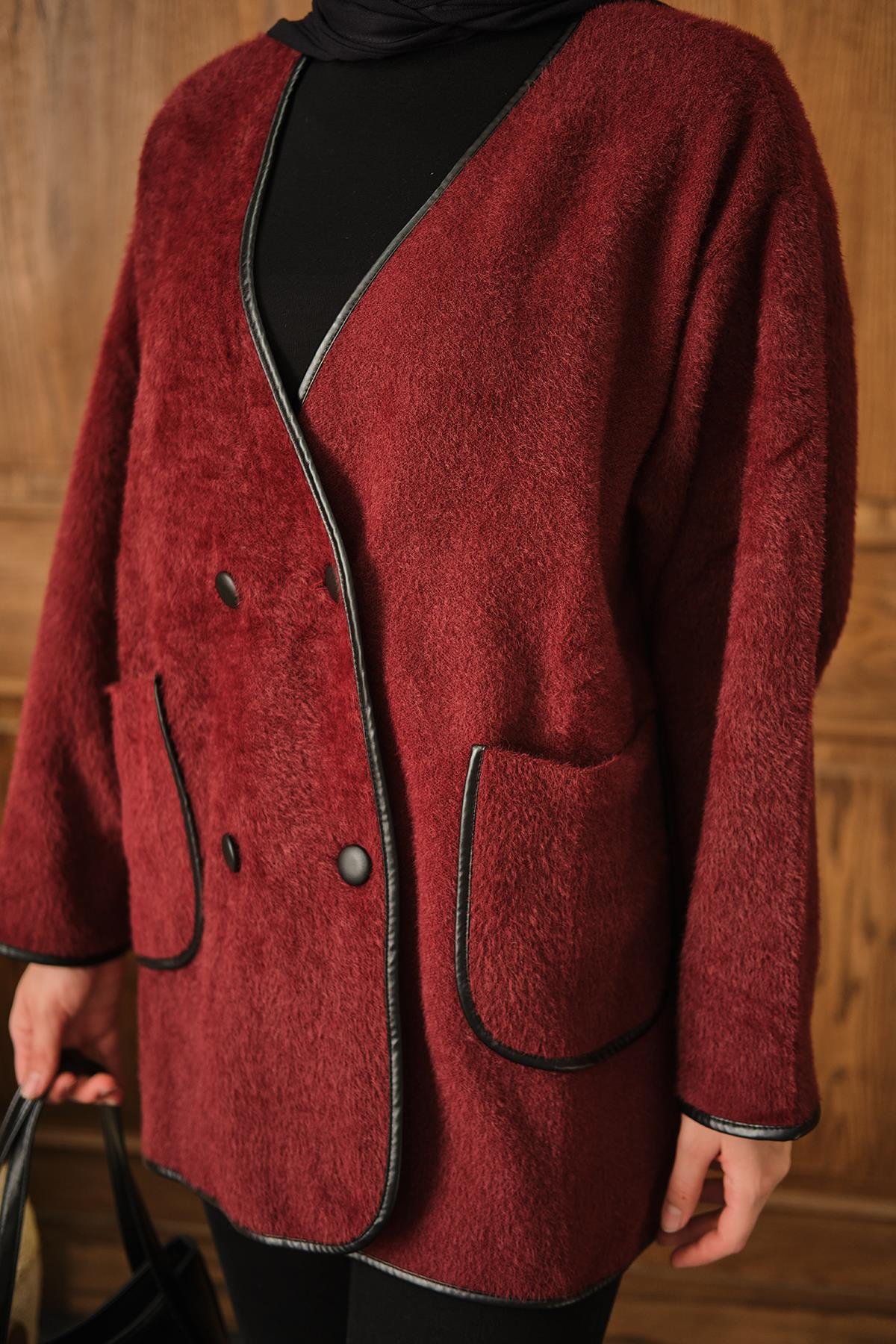 Deri Detay Peluş Hırka Bordo