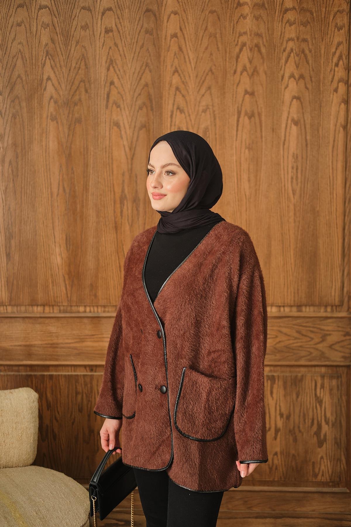 Deri Detay Peluş Hırka Kahverengi