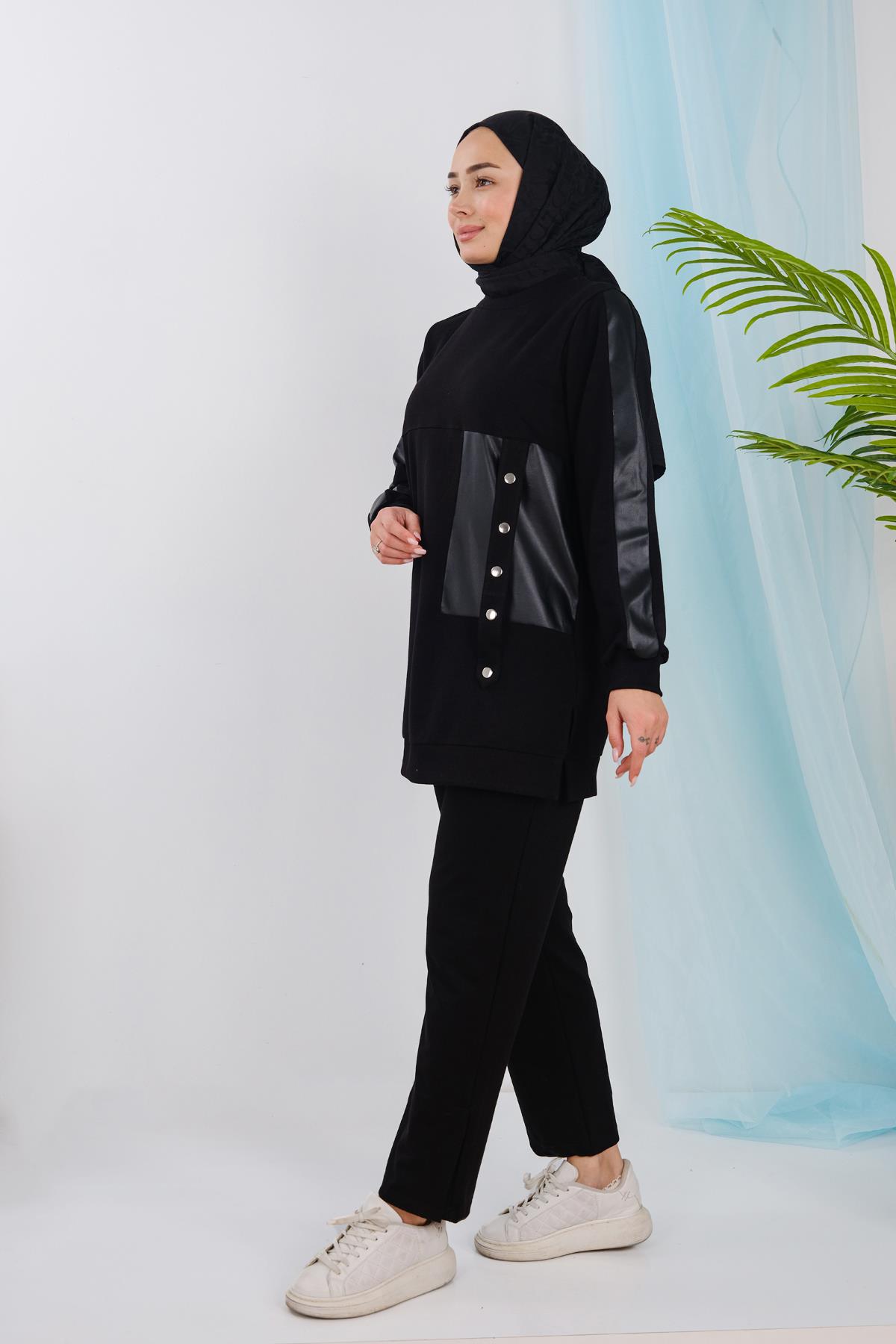 Deri Detaylı Takım Siyah