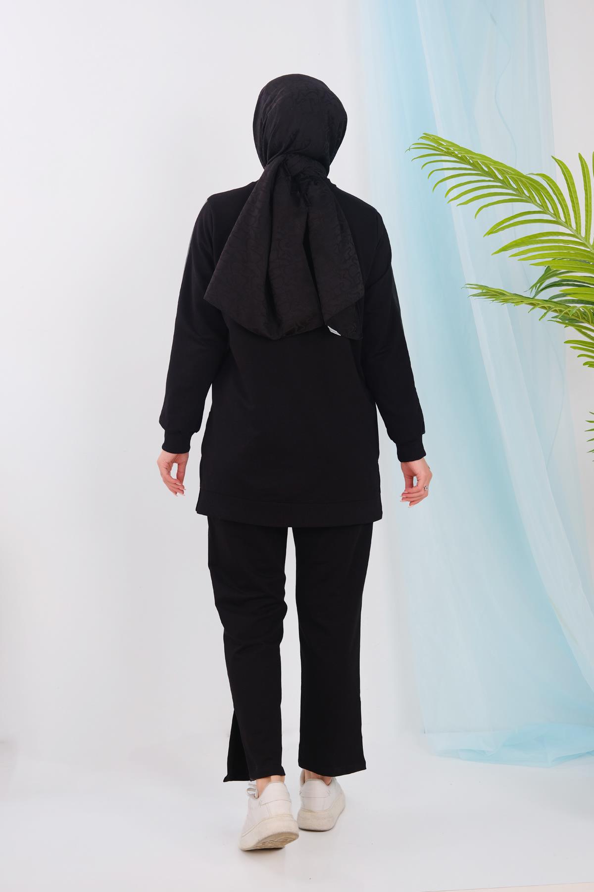 Deri Detaylı Takım Siyah