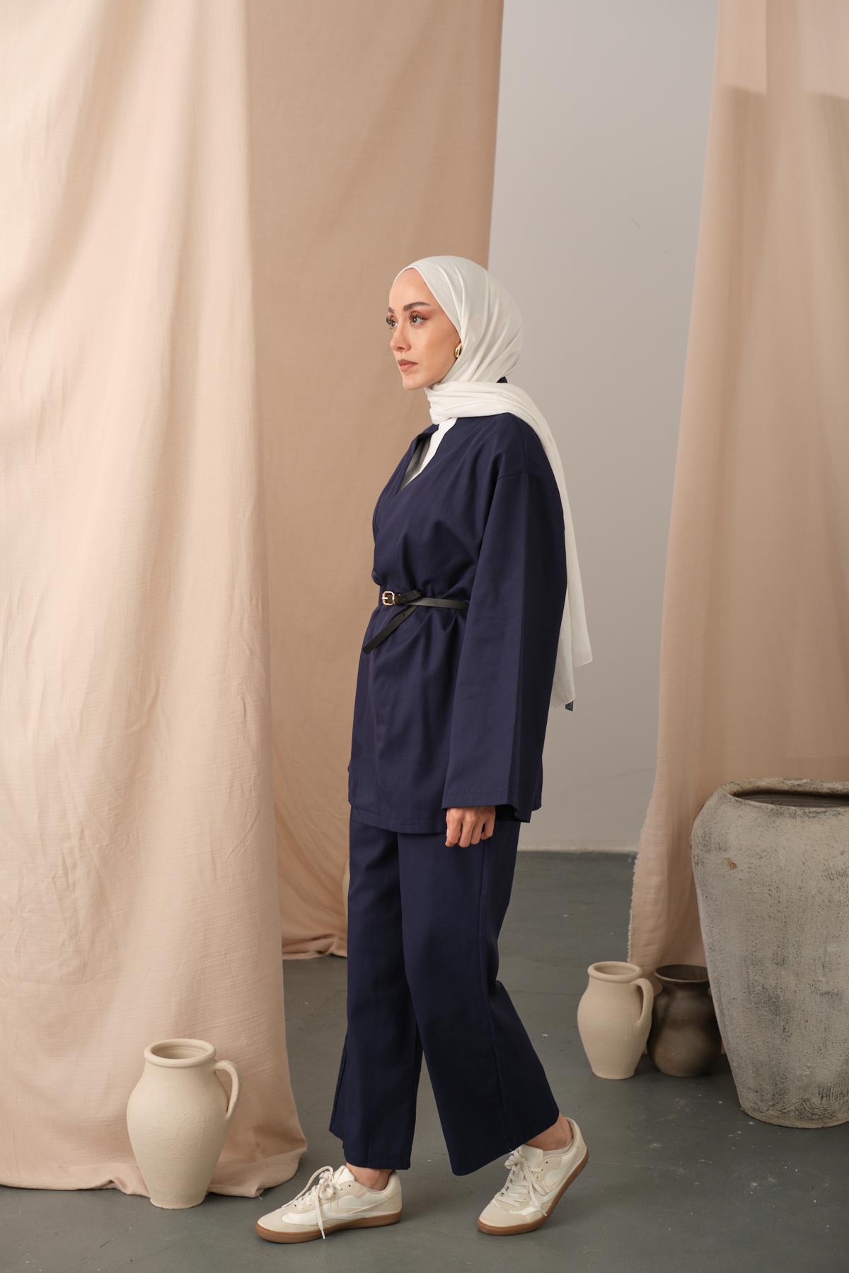 Deri Kemerli Kimono Lacivert