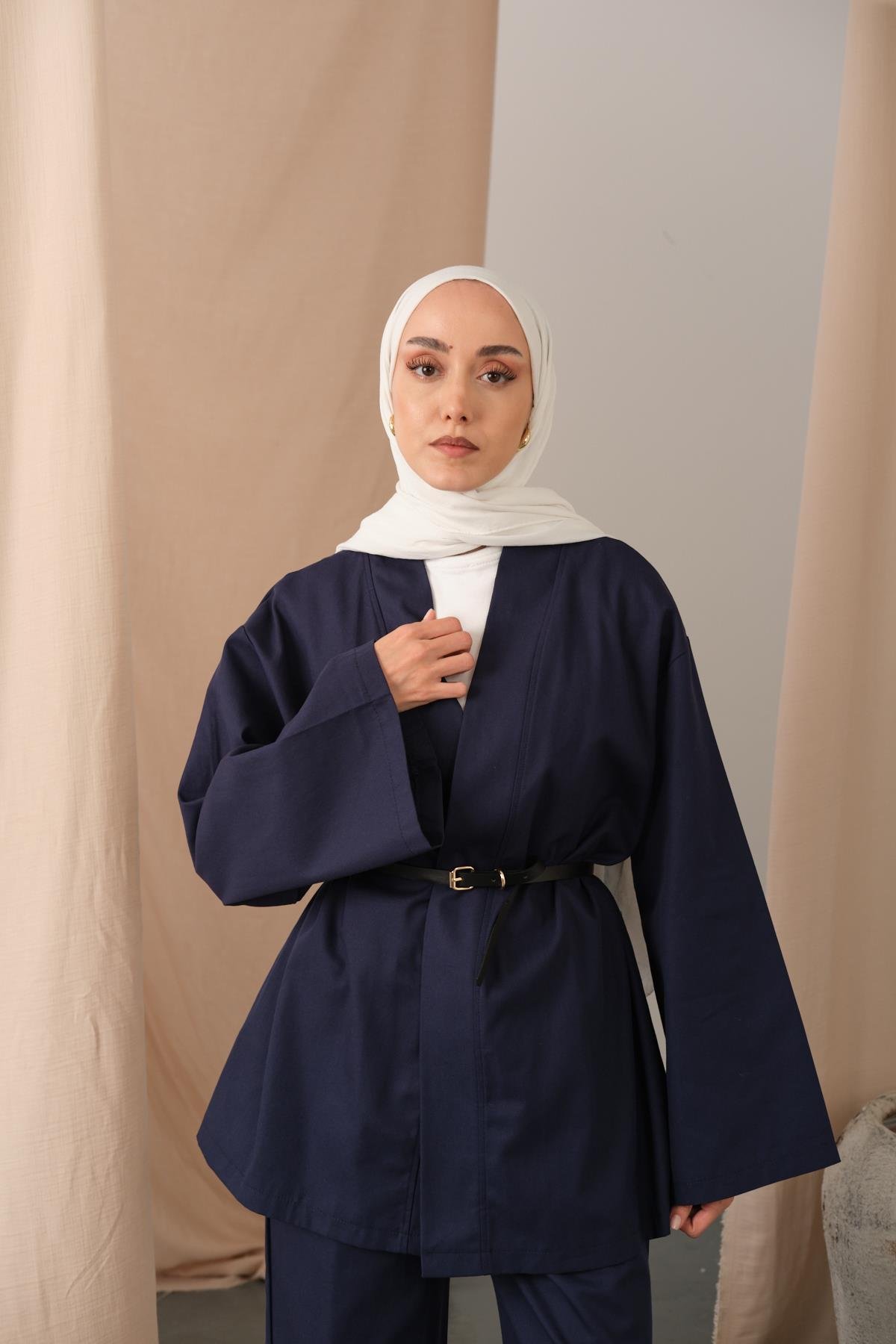 Deri Kemerli Kimono Lacivert