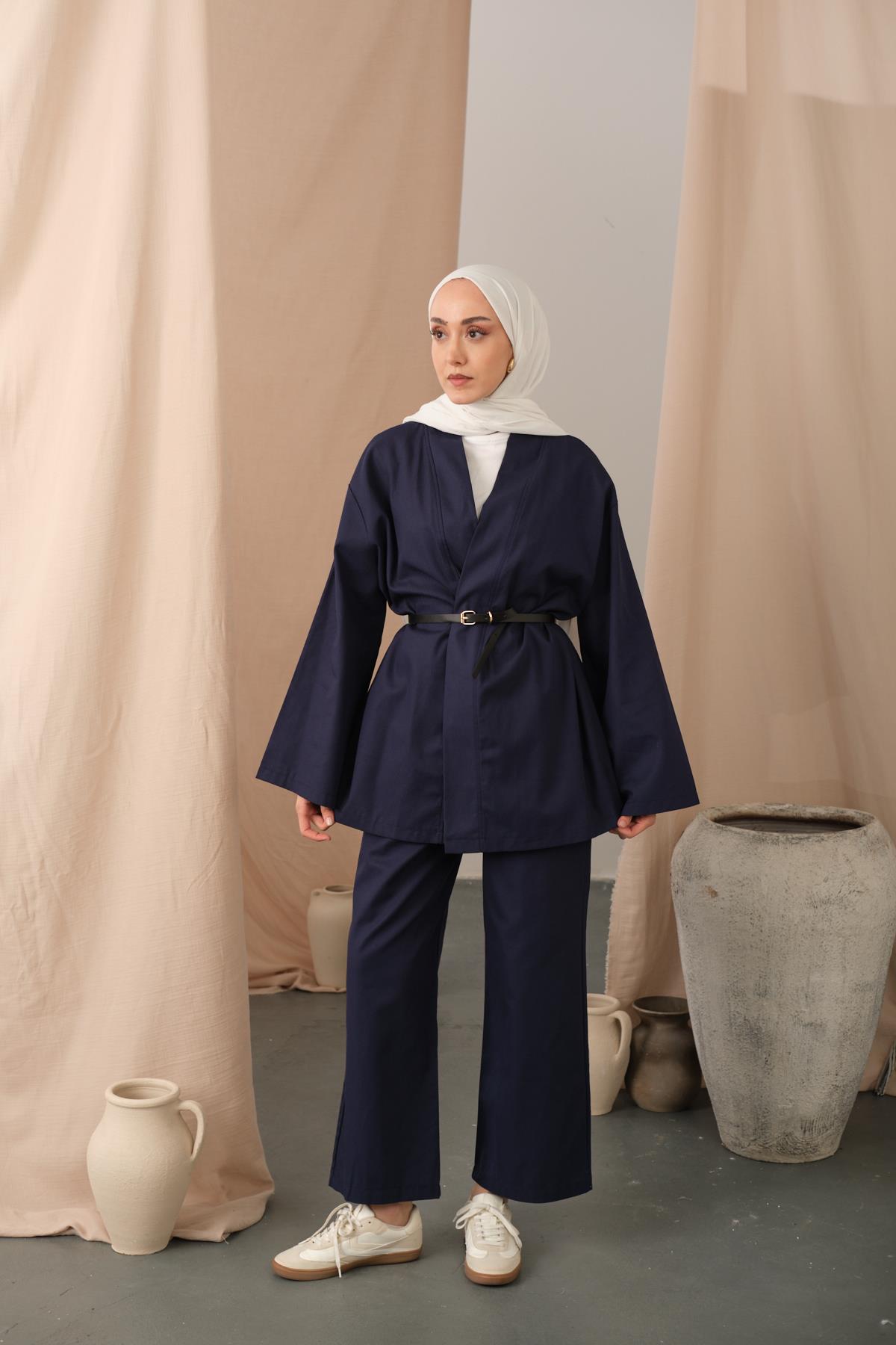 Deri Kemerli Kimono Lacivert