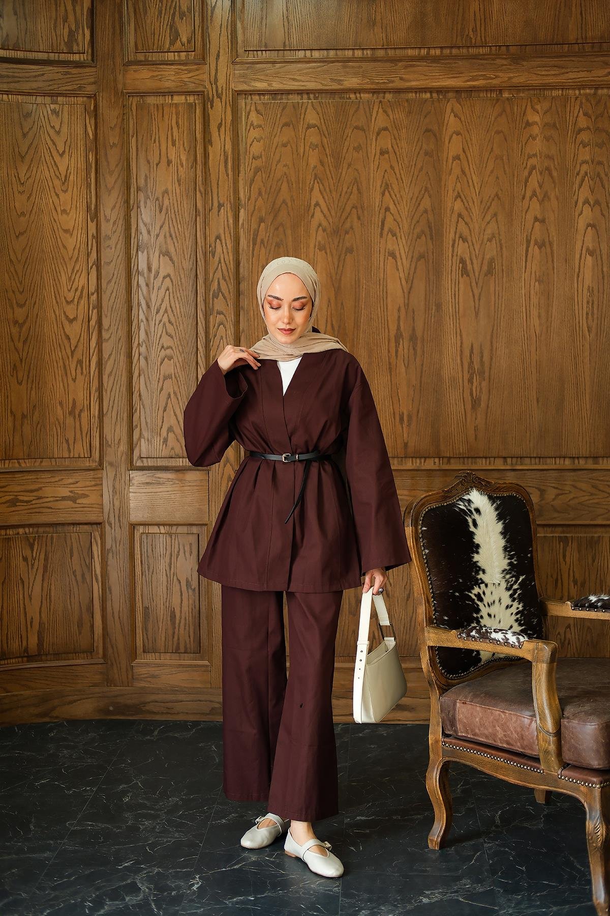 Deri Kemerli Kimono Takım Kahverengi