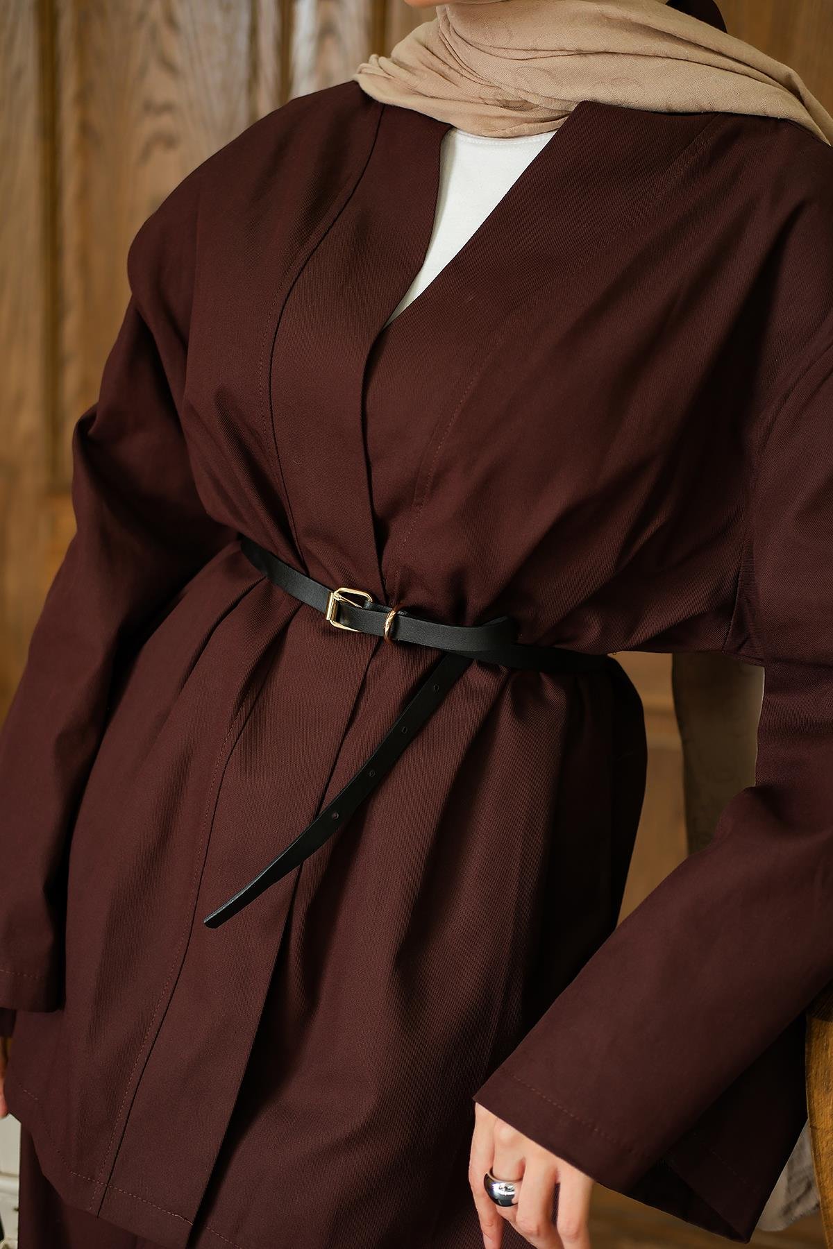 Deri Kemerli Kimono Takım Kahverengi