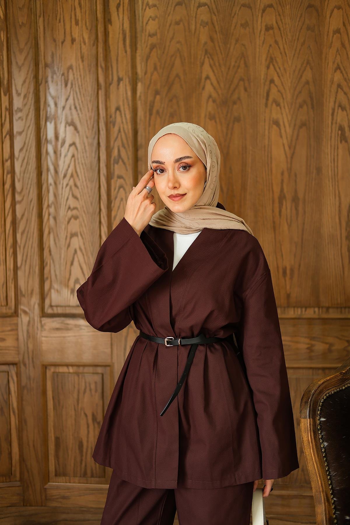 Deri Kemerli Kimono Takım Kahverengi