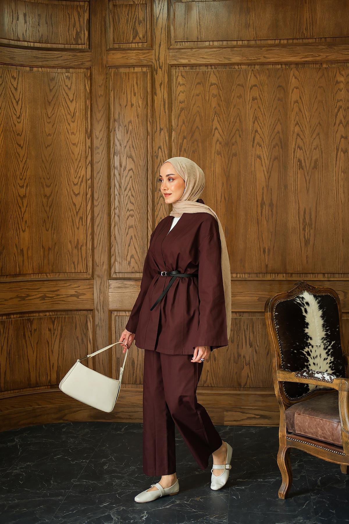 Deri Kemerli Kimono Takım Kahverengi